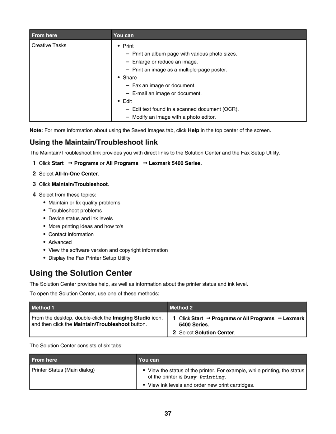 Lexmark 5400 manual Using the Solution Center, Using the Maintain/Troubleshoot link, Select Solution Center 