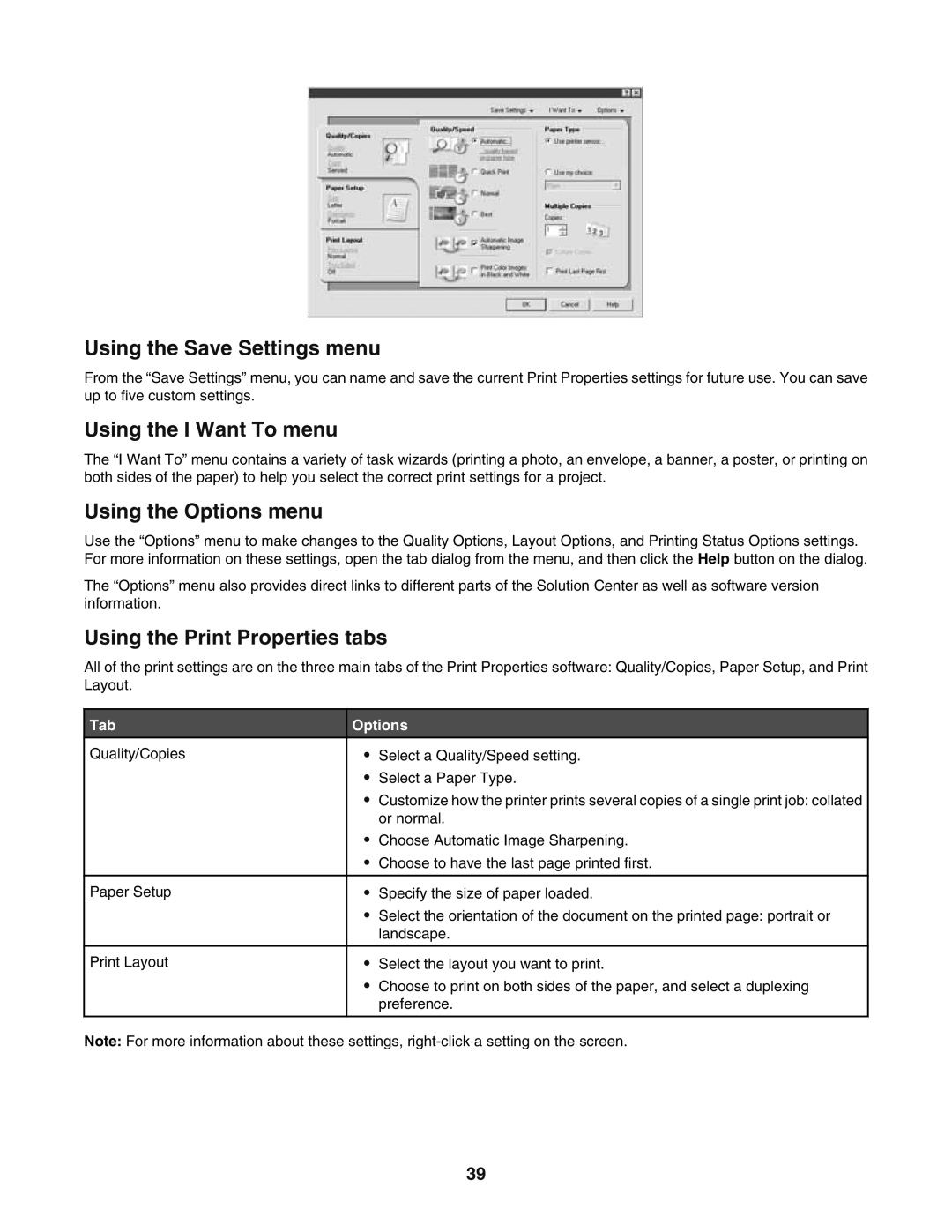 Lexmark 5400 manual Using the Save Settings menu, Using the I Want To menu, Using the Options menu, Tab Options 