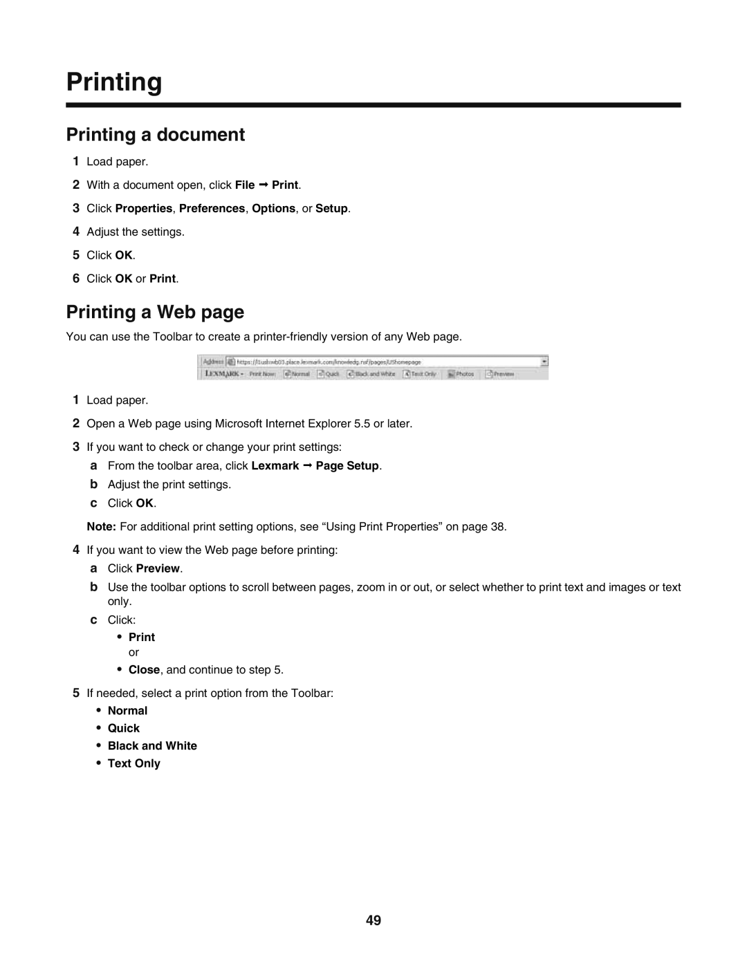 Lexmark 5400 manual Printing a document, Printing a Web 