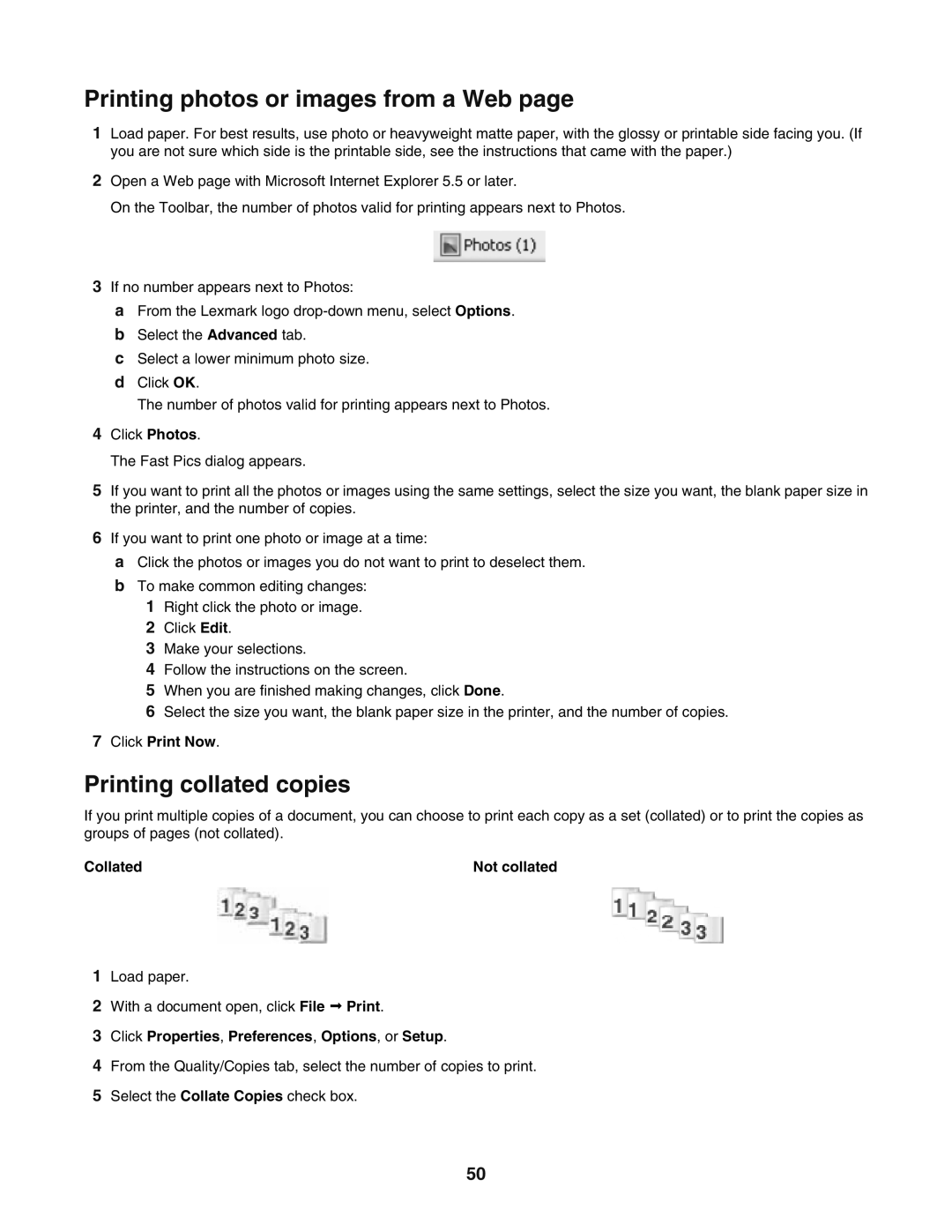 Lexmark 5400 manual Printing photos or images from a Web, Printing collated copies, Click Print Now, Collated 