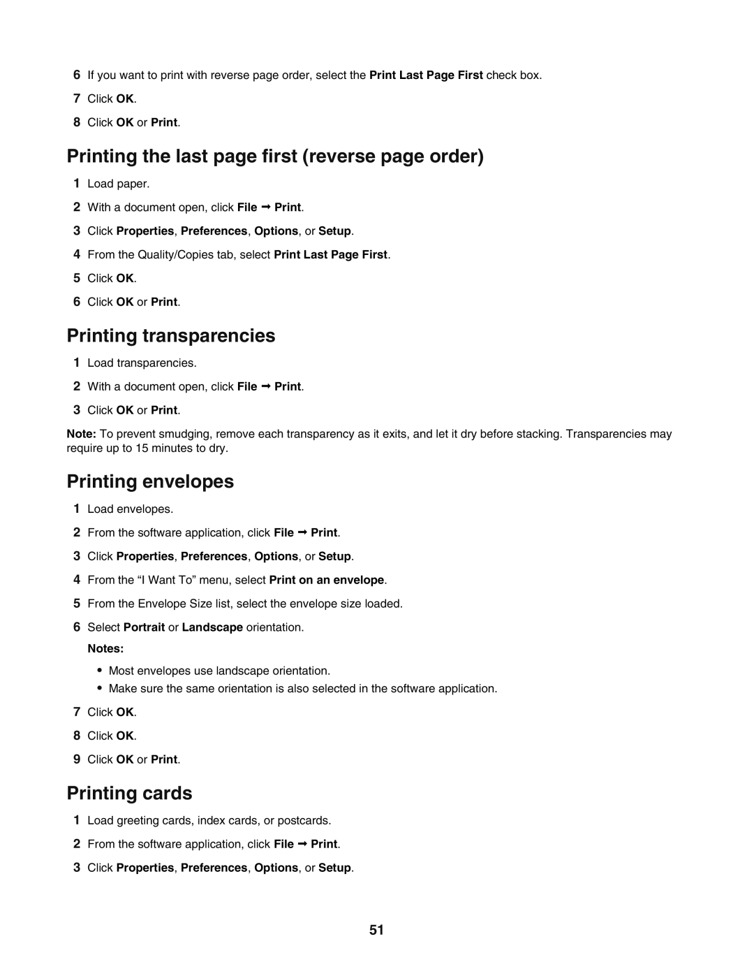 Lexmark 5400 Printing the last page first reverse page order, Printing transparencies, Printing envelopes, Printing cards 