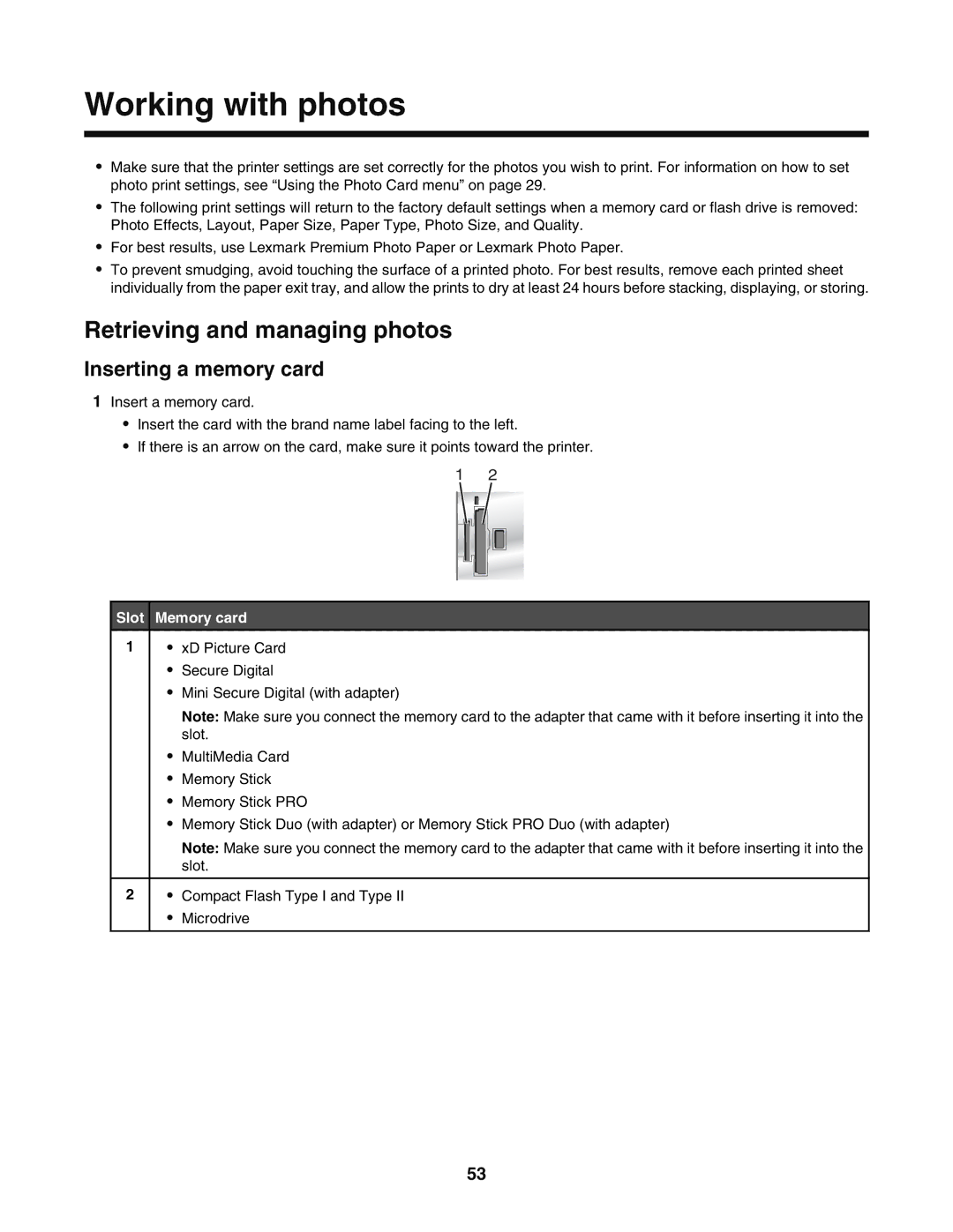 Lexmark 5400 manual Working with photos, Retrieving and managing photos, Inserting a memory card, Slot Memory card 