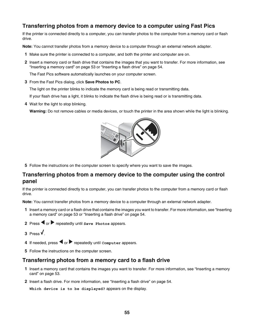 Lexmark 5400 manual Transferring photos from a memory card to a flash drive 