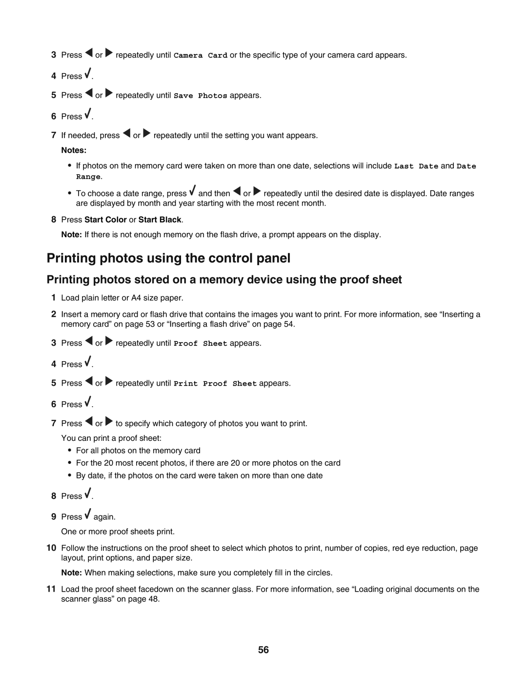 Lexmark 5400 manual Printing photos using the control panel, Press Start Color or Start Black 