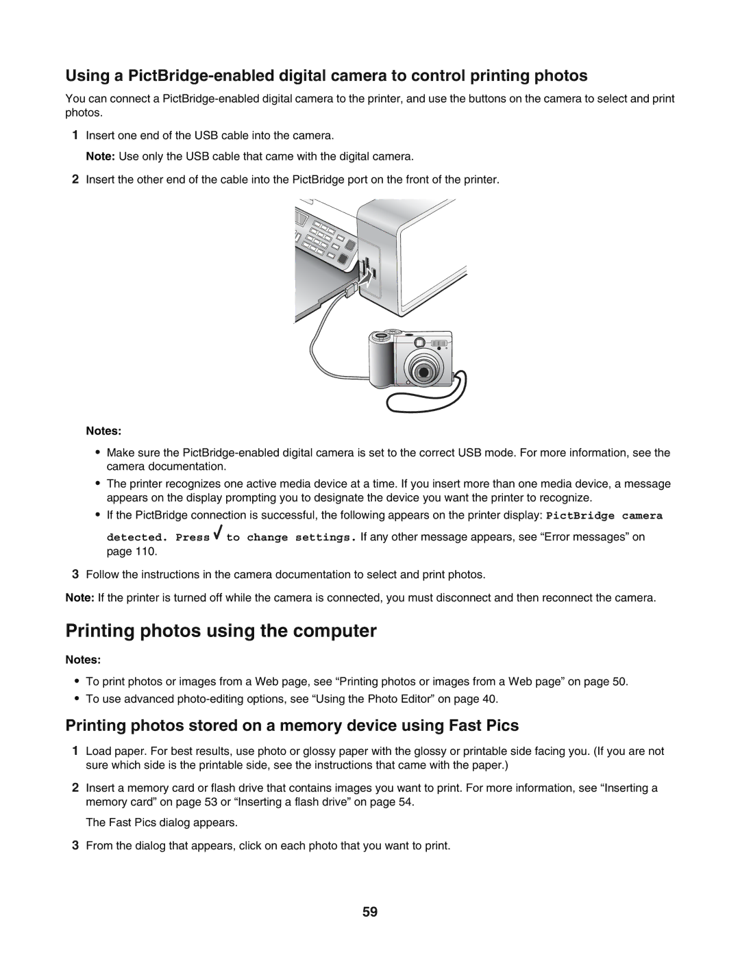 Lexmark 5400 manual Printing photos using the computer, Printing photos stored on a memory device using Fast Pics 