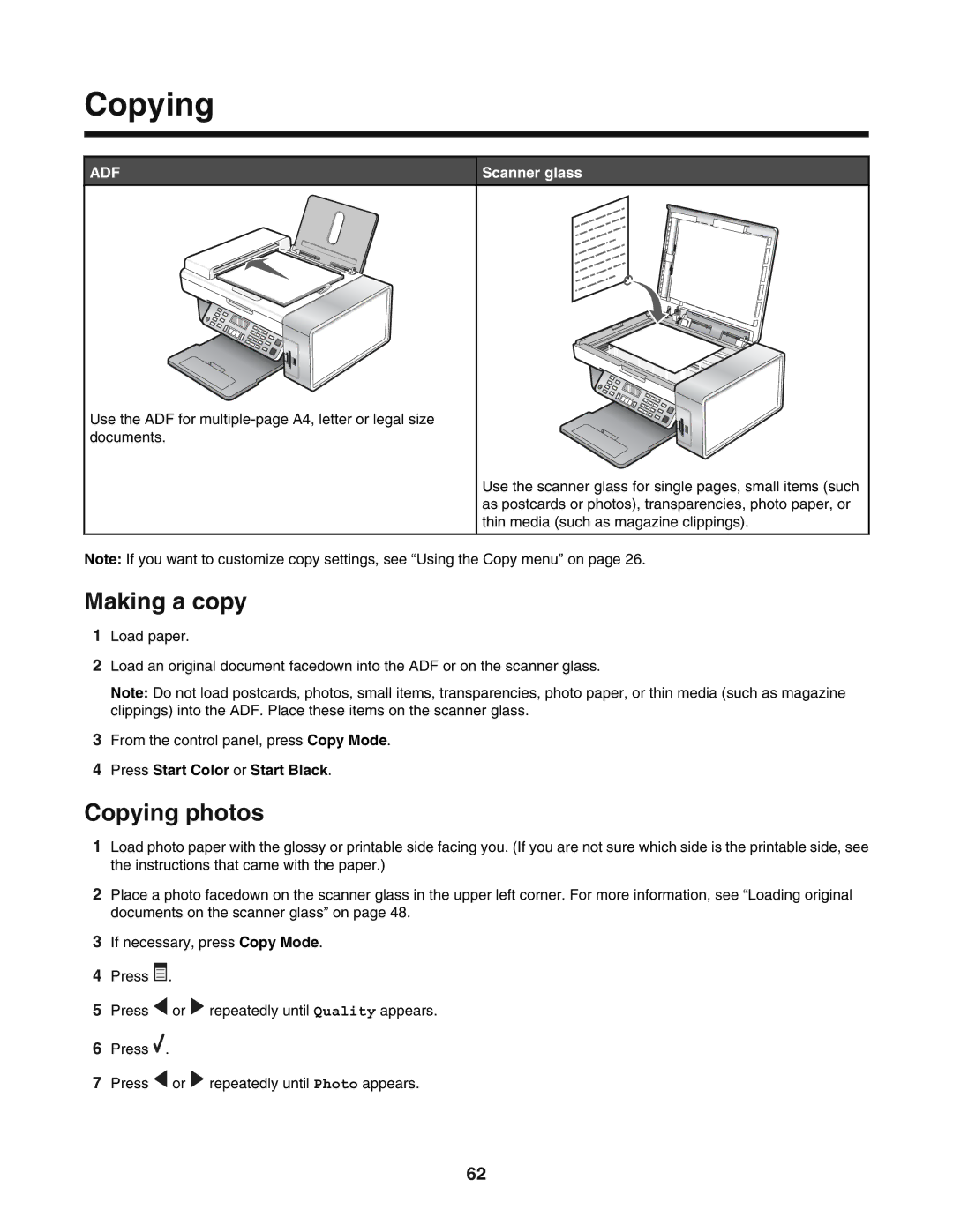 Lexmark 5400 manual Making a copy, Copying photos, Scanner glass 