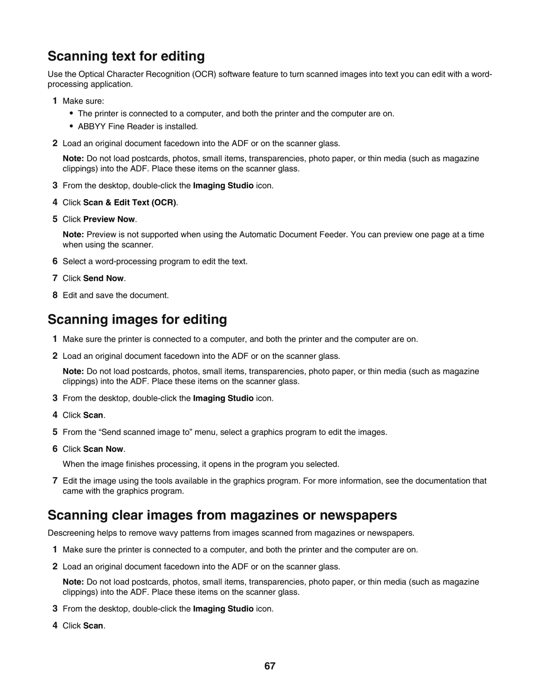 Lexmark 5400 Scanning text for editing, Scanning images for editing, Scanning clear images from magazines or newspapers 