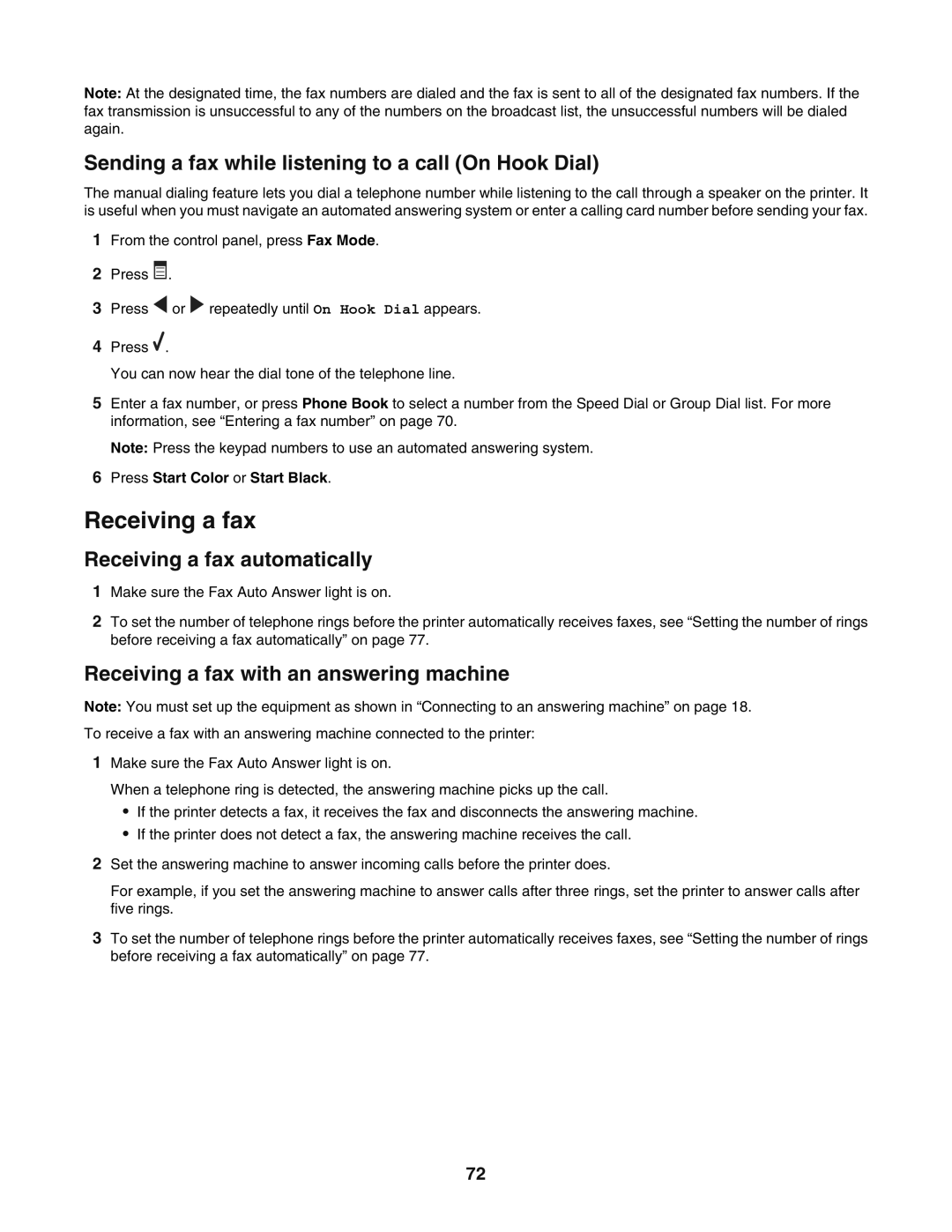 Lexmark 5400 manual Sending a fax while listening to a call On Hook Dial, Receiving a fax automatically 