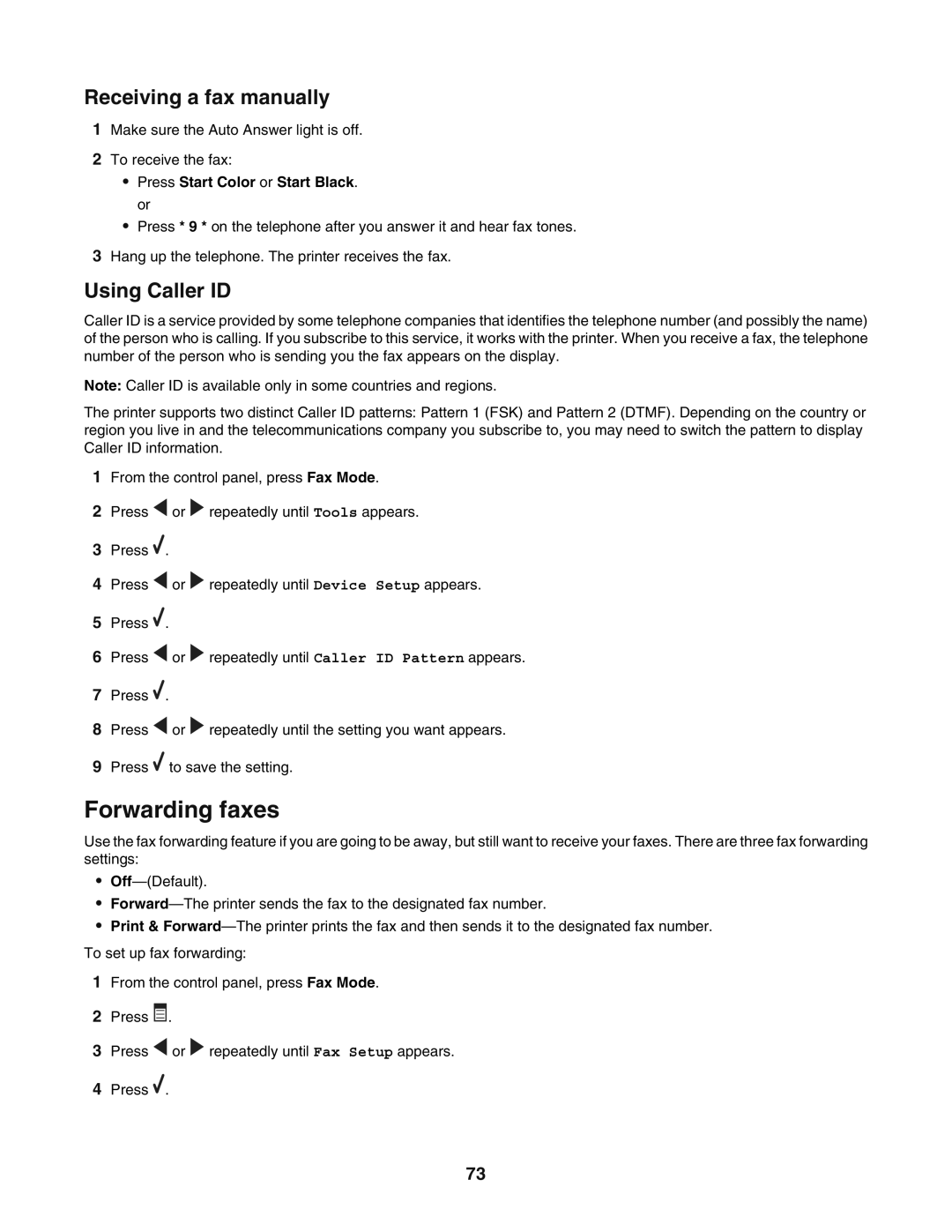 Lexmark 5400 Forwarding faxes, Receiving a fax manually, Using Caller ID, Press Start Color or Start Black. or 