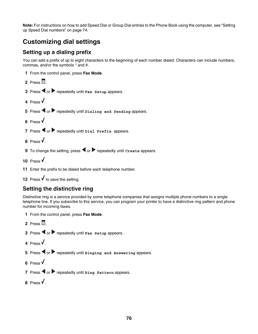 Lexmark 5400 manual Customizing dial settings, Setting up a dialing prefix, Setting the distinctive ring 