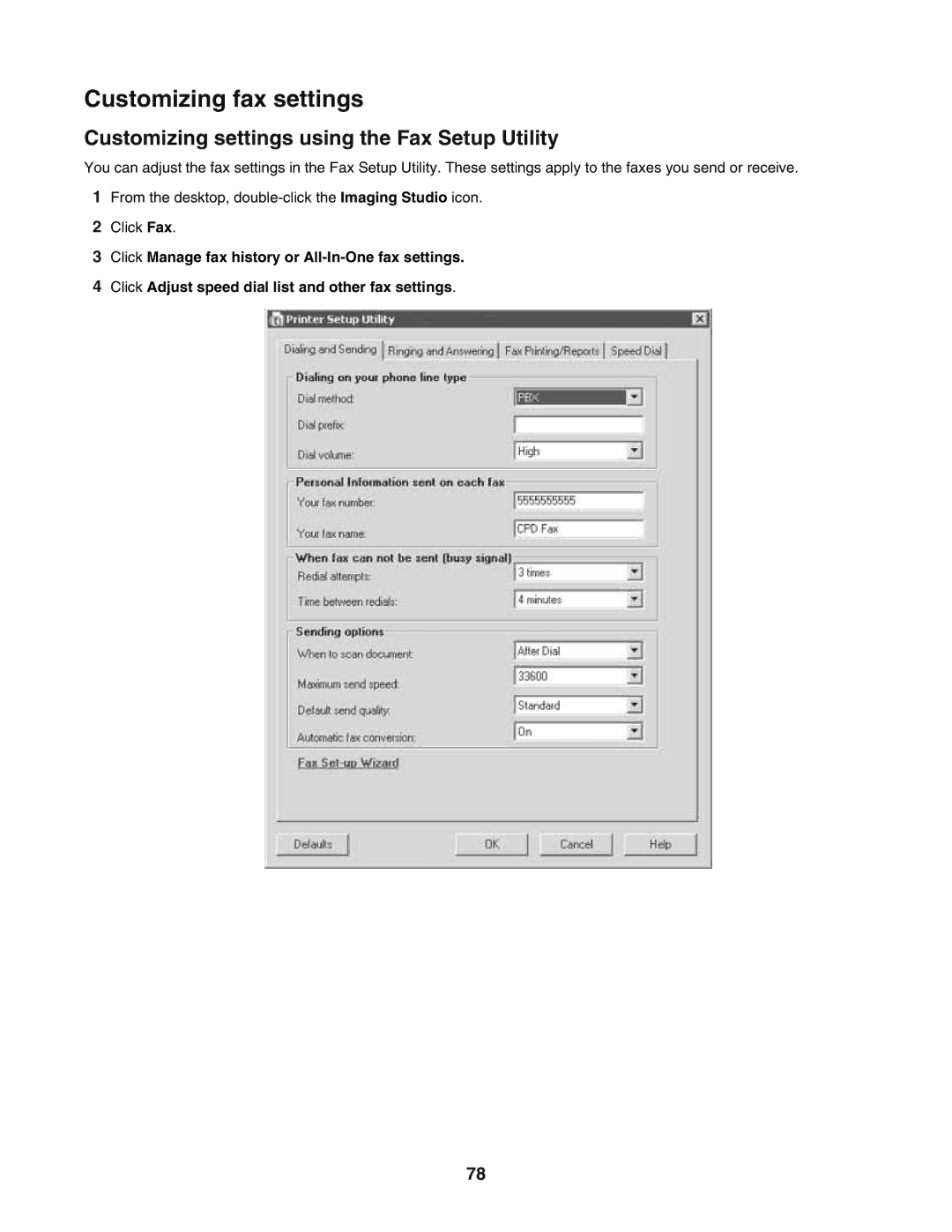 Lexmark 5400 manual Customizing fax settings, Customizing settings using the Fax Setup Utility 