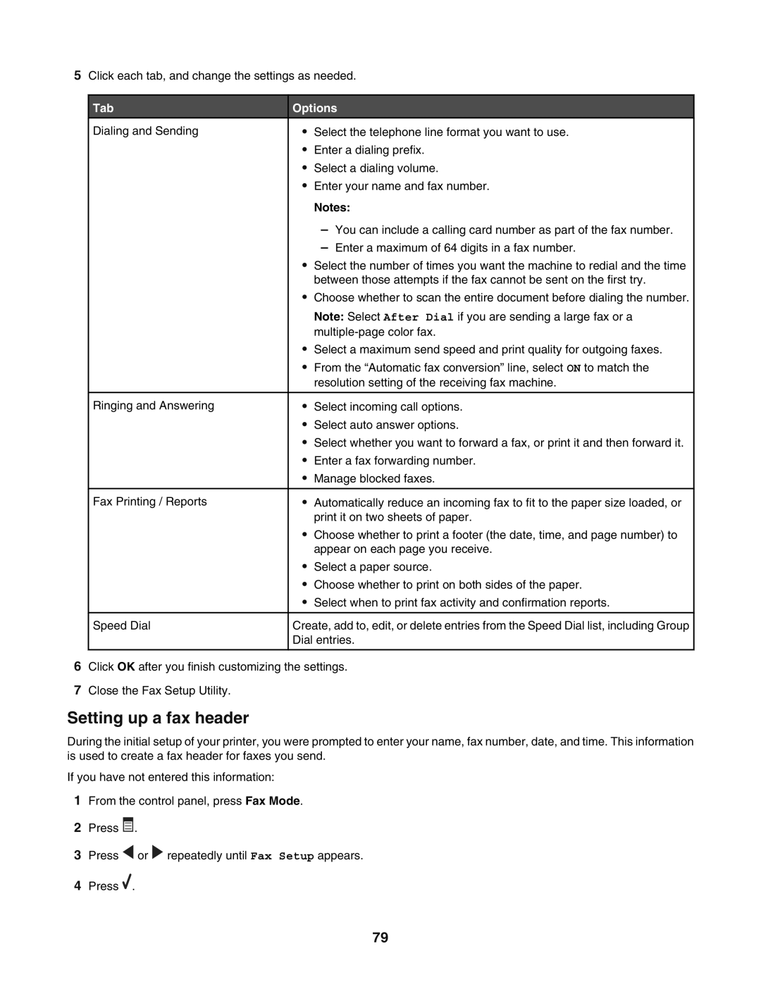 Lexmark 5400 manual Setting up a fax header, Tab Options 