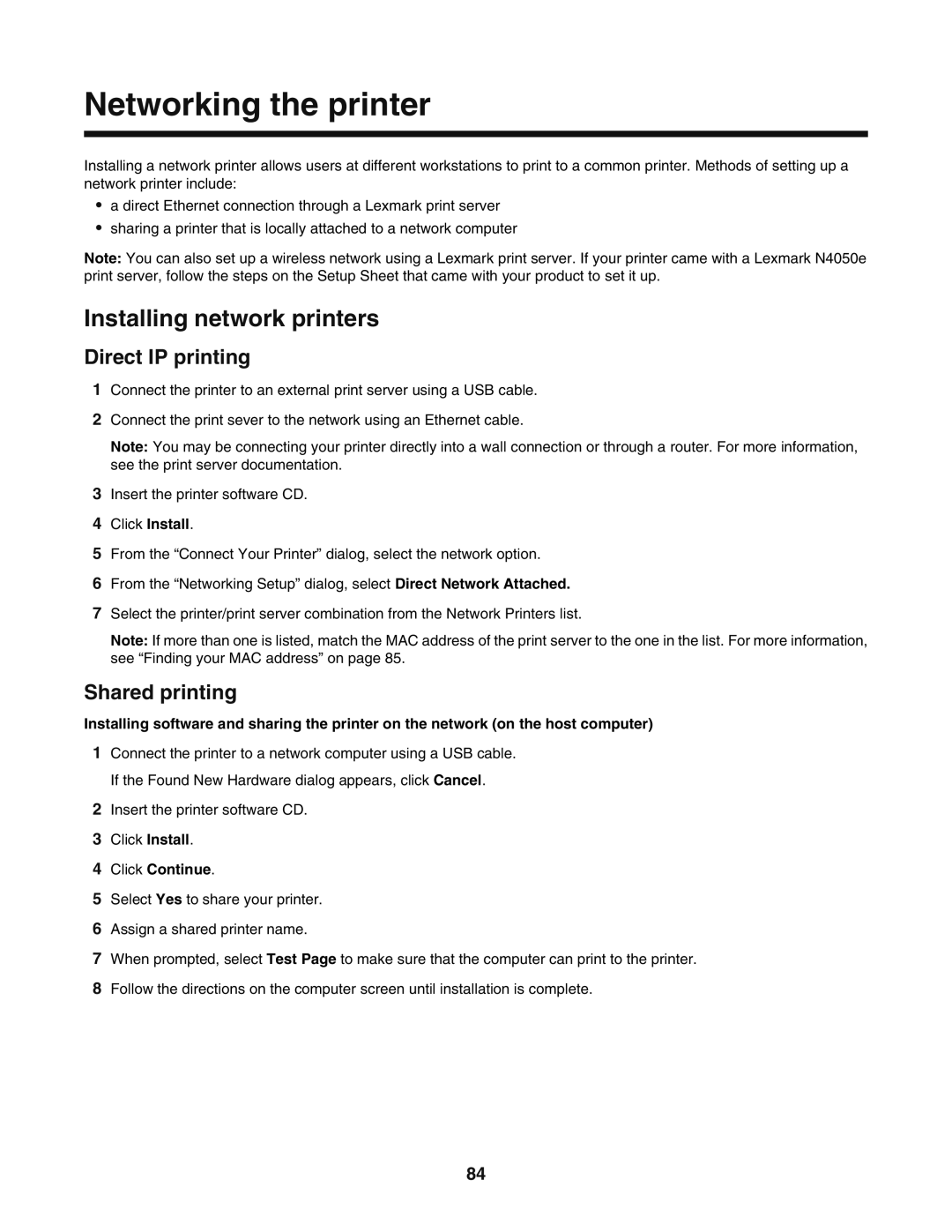 Lexmark 5400 Networking the printer, Installing network printers, Direct IP printing, Shared printing, Click Continue 