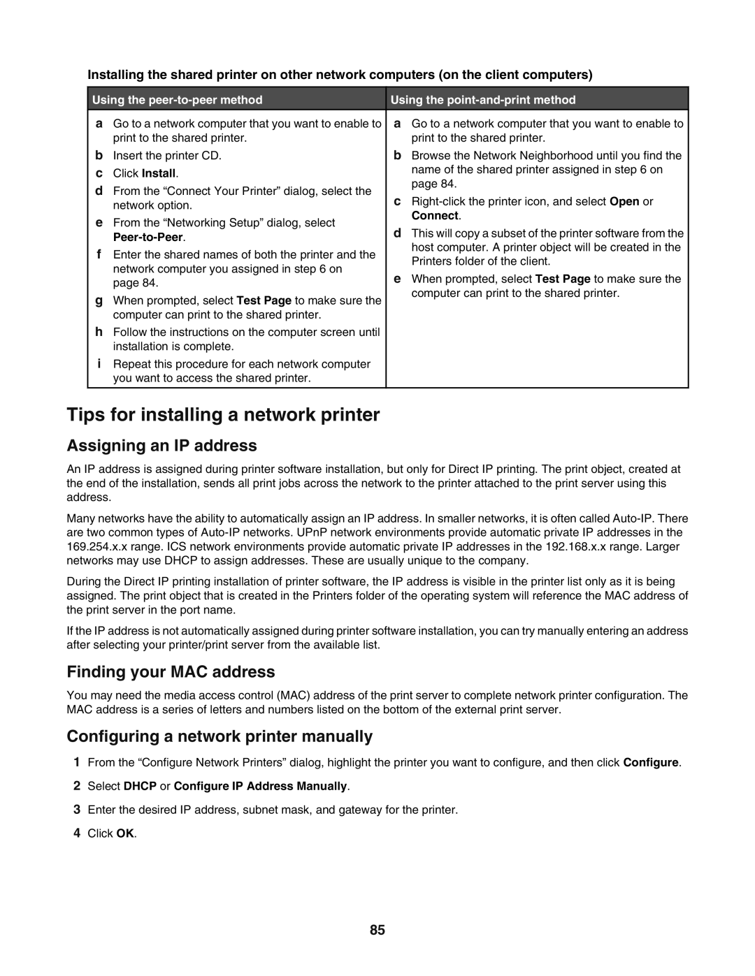 Lexmark 5400 manual Tips for installing a network printer, Assigning an IP address, Finding your MAC address 