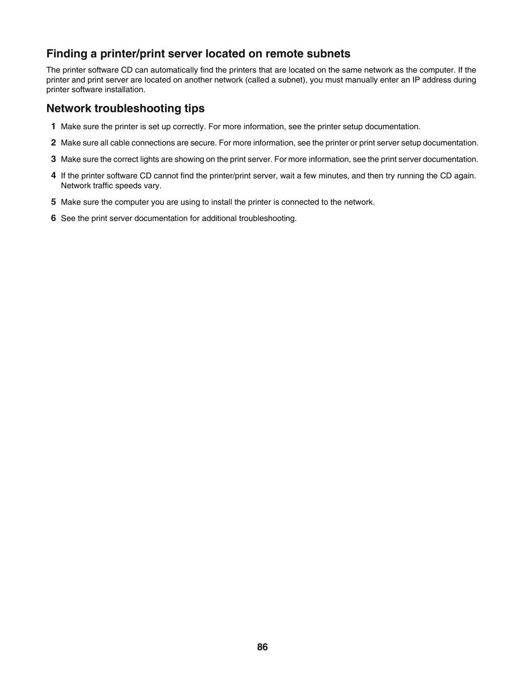 Lexmark 5400 manual Finding a printer/print server located on remote subnets, Network troubleshooting tips 