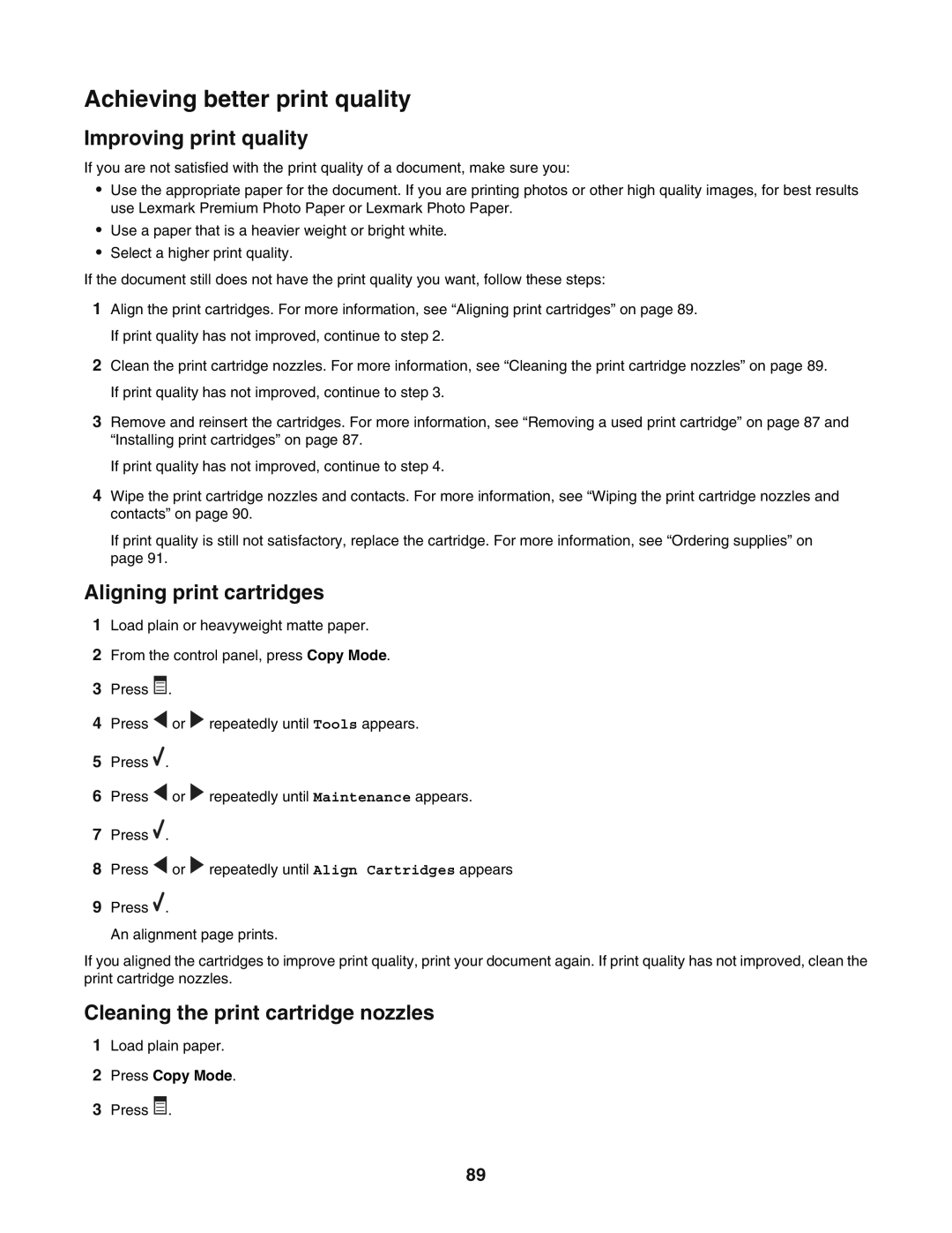 Lexmark 5400 manual Achieving better print quality, Improving print quality, Aligning print cartridges, Press Copy Mode 