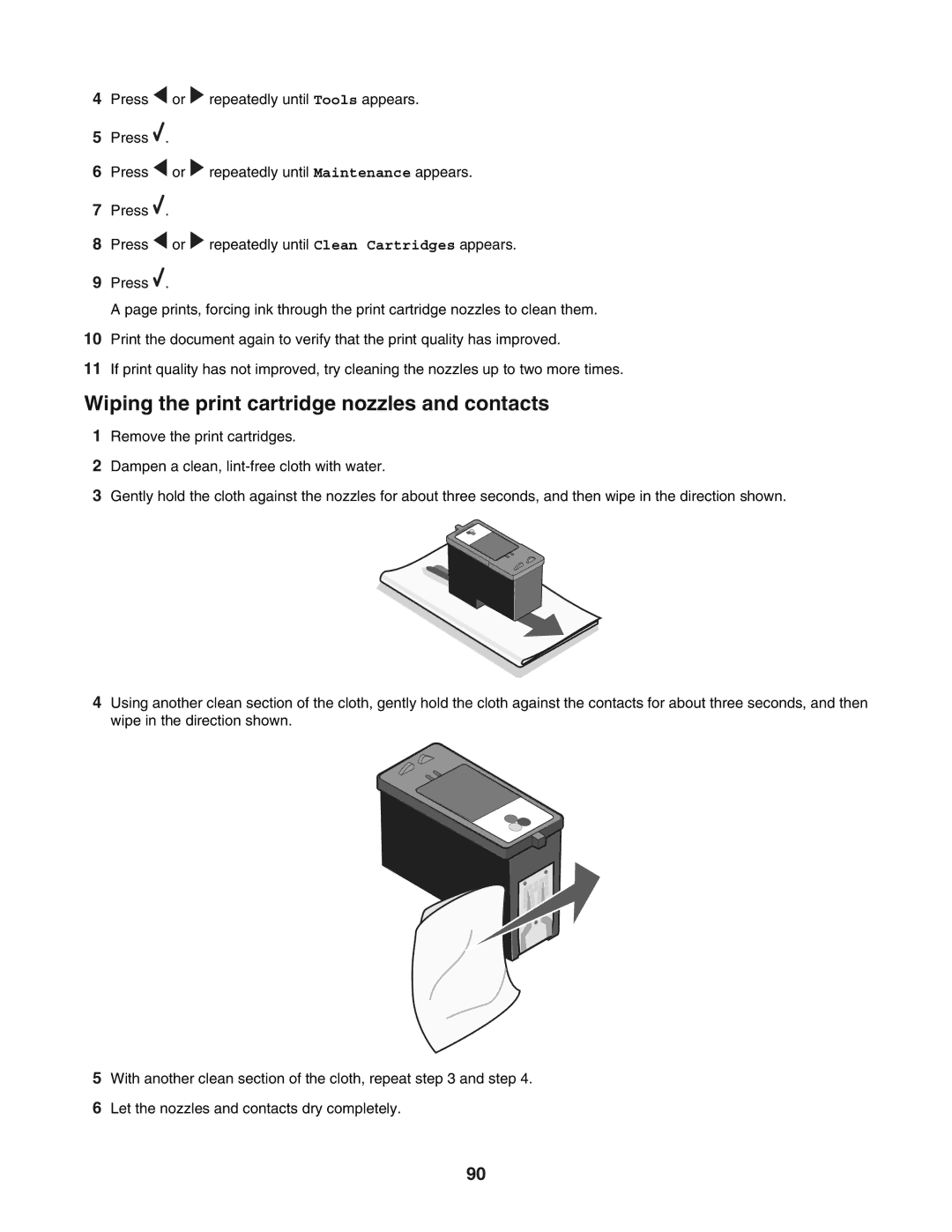 Lexmark 5400 manual Wiping the print cartridge nozzles and contacts 