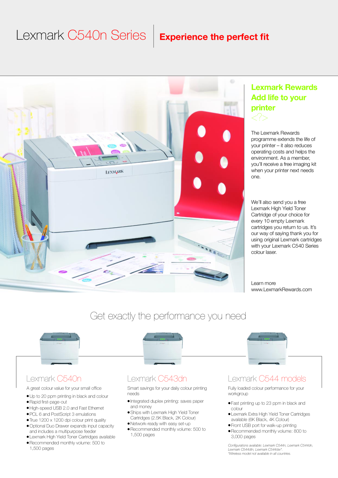 Lexmark manual Get exactly the performance you need, Lexmark C540n Series, Experience the perfect fit, Lexmark C543dn 
