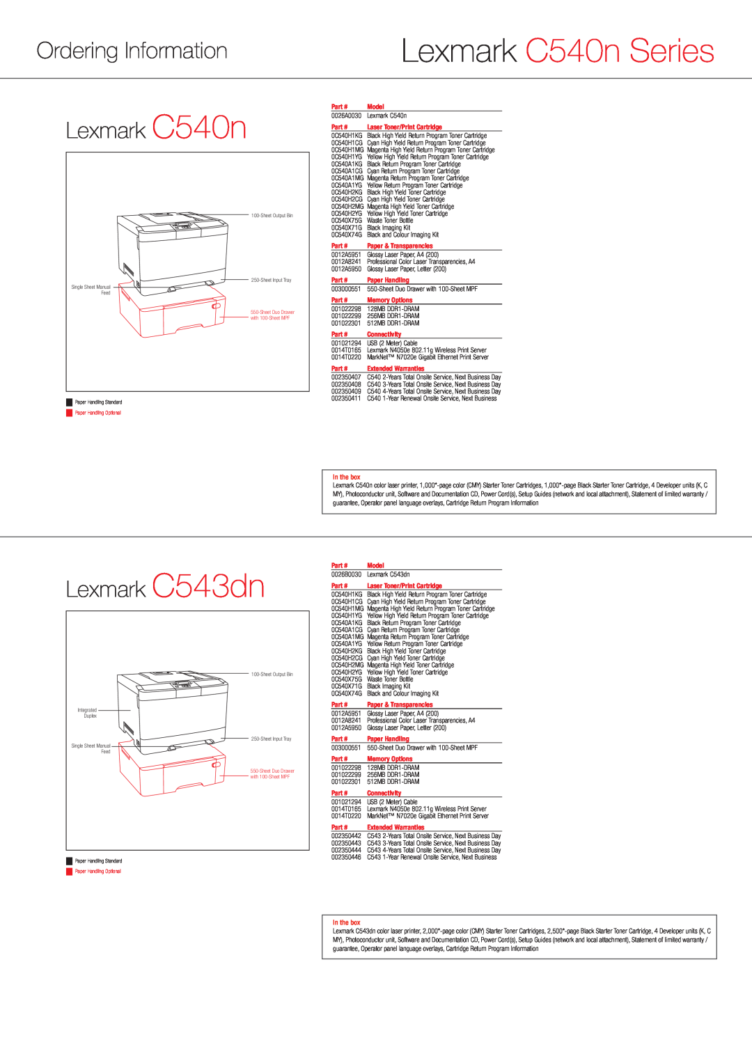 Lexmark manual Ordering Information, Lexmark C543dn, Lexmark C540n Series, In the box 