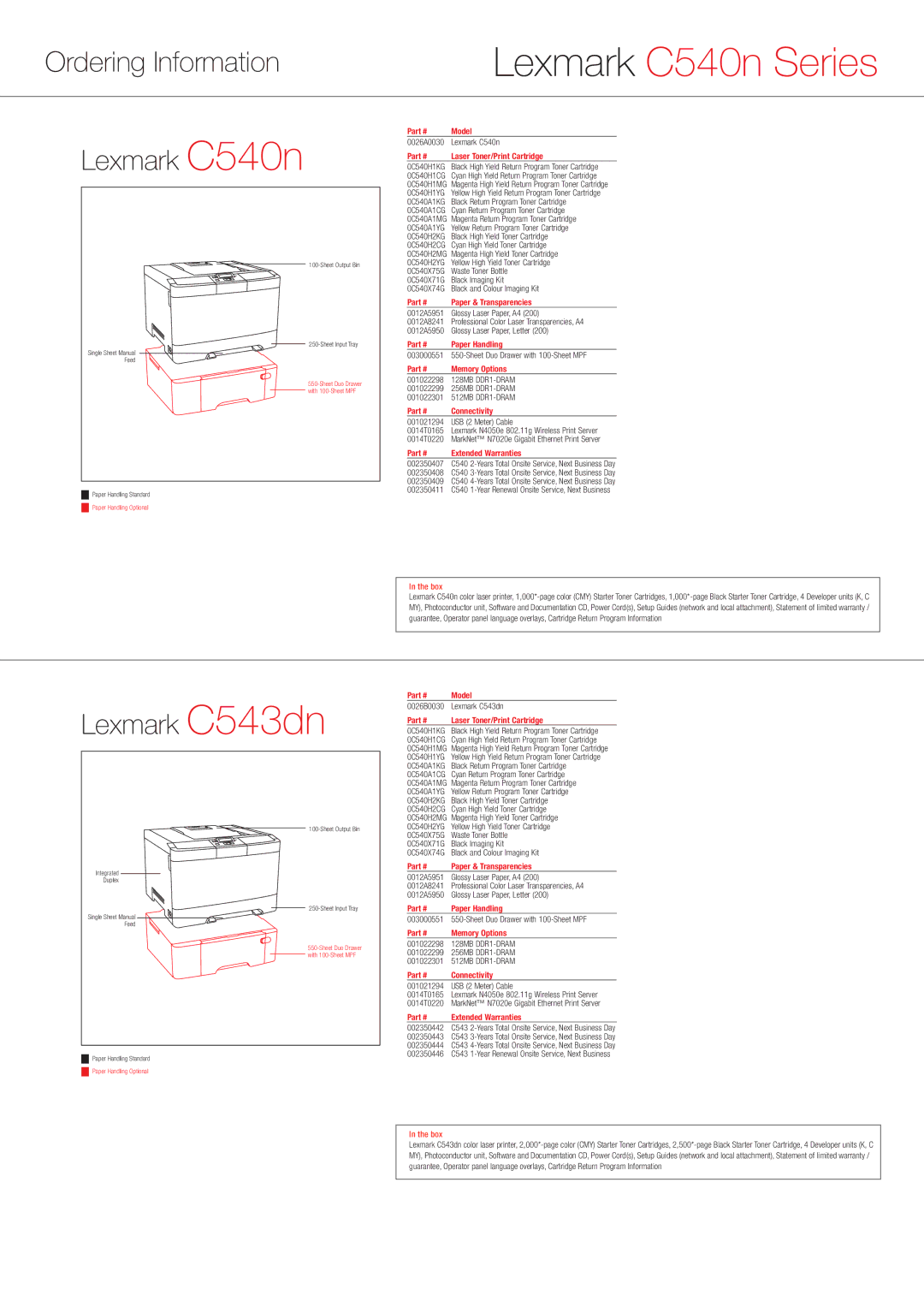 Lexmark manual Ordering Information, Lexmark C540n, Lexmark C543dn, Box 