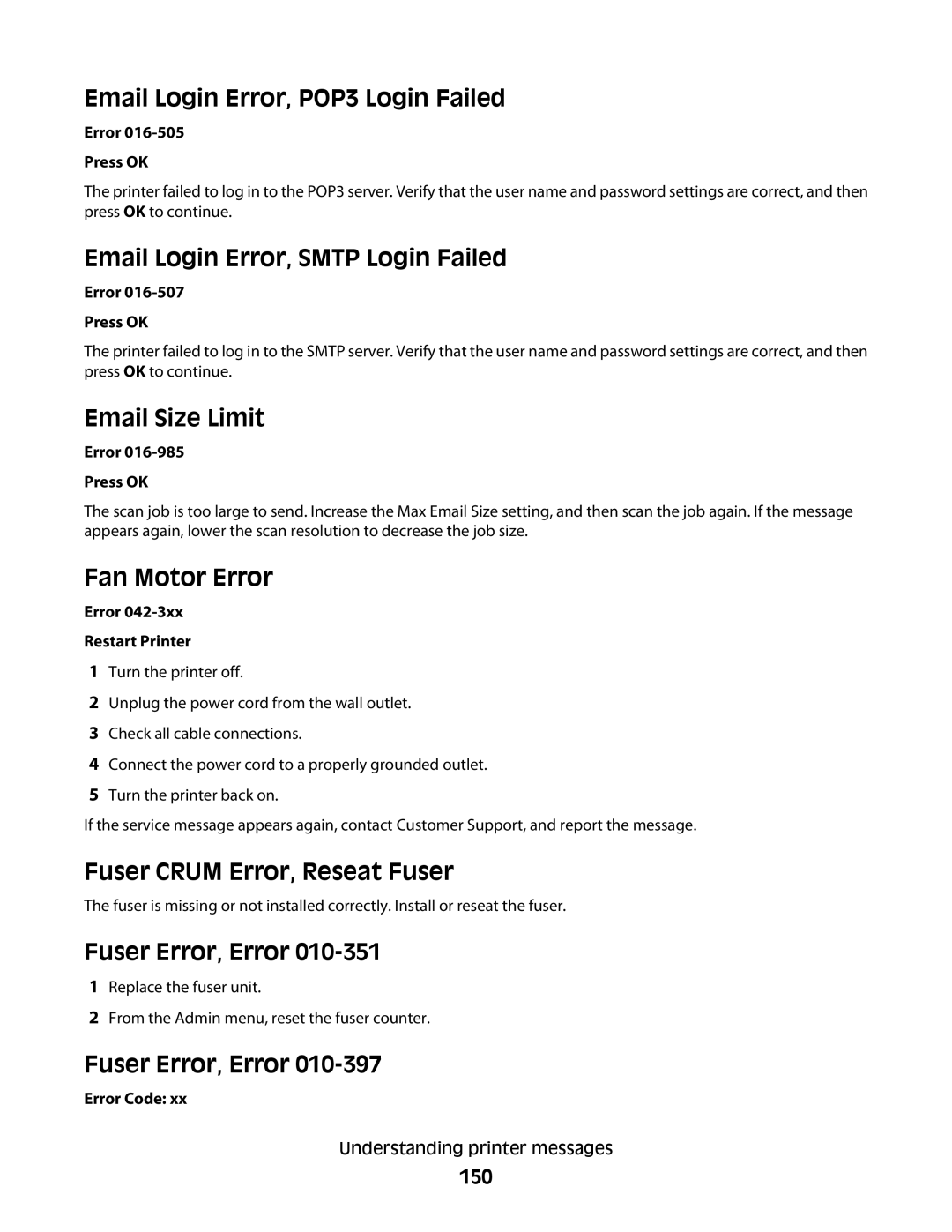 Lexmark 560n Email Login Error, POP3 Login Failed, Email Login Error, Smtp Login Failed, Email Size Limit, Fan Motor Error 