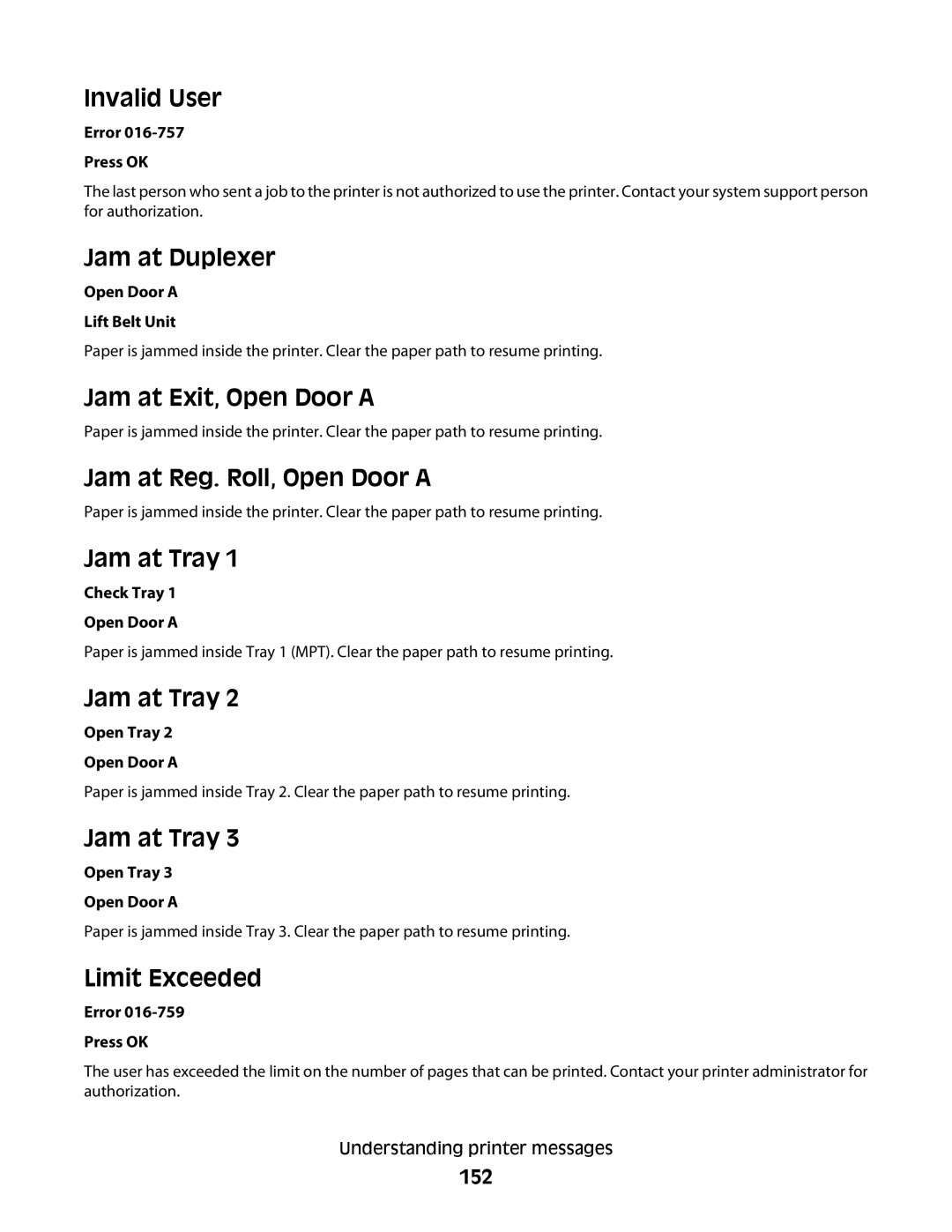 Lexmark 560n manual Invalid User, Jam at Duplexer, Jam at Exit, Open Door a, Jam at Reg. Roll, Open Door a, Jam at Tray 