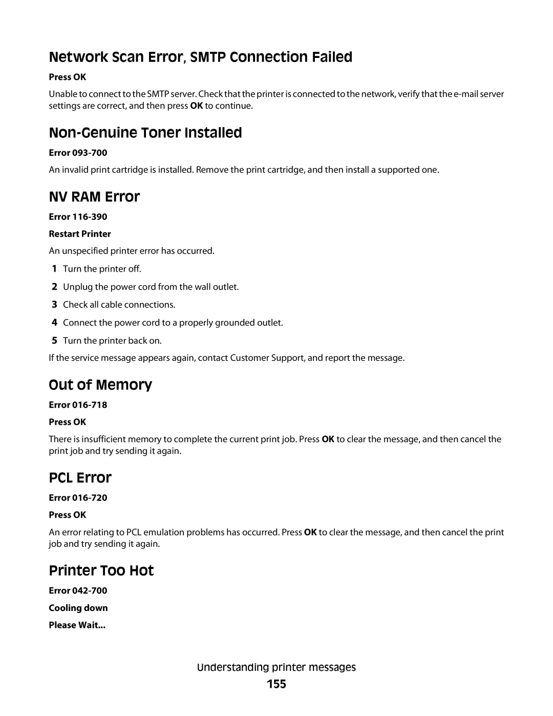 Lexmark 560n manual Network Scan Error, Smtp Connection Failed, Non-Genuine Toner Installed, NV RAM Error, Out of Memory 