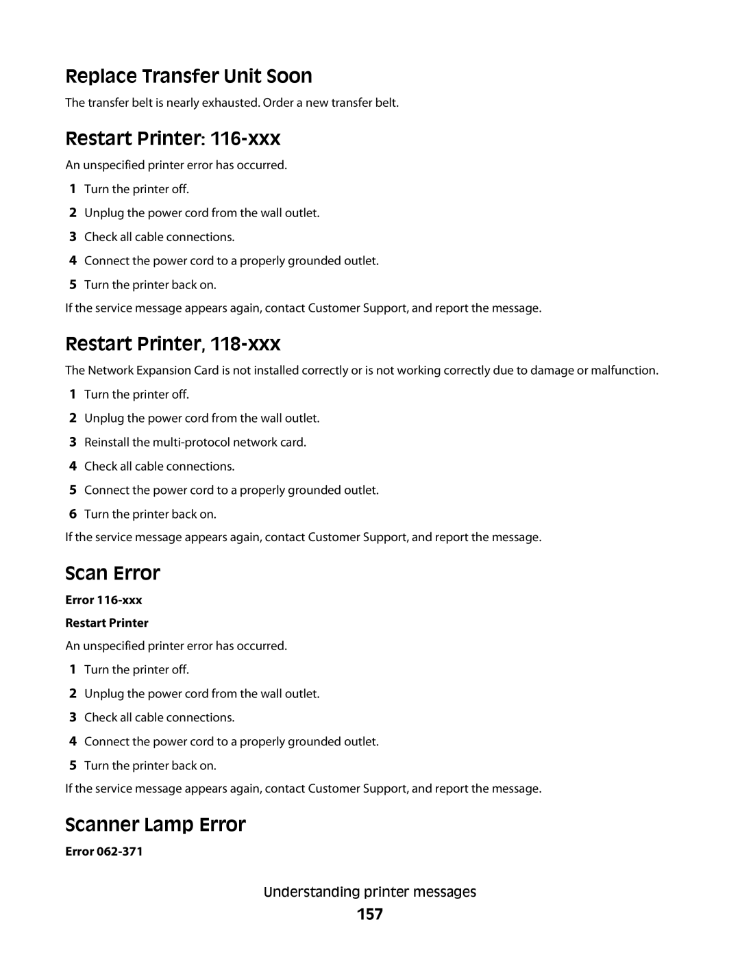 Lexmark 560n manual Replace Transfer Unit Soon, Restart Printer, Scan Error, Scanner Lamp Error, 157 