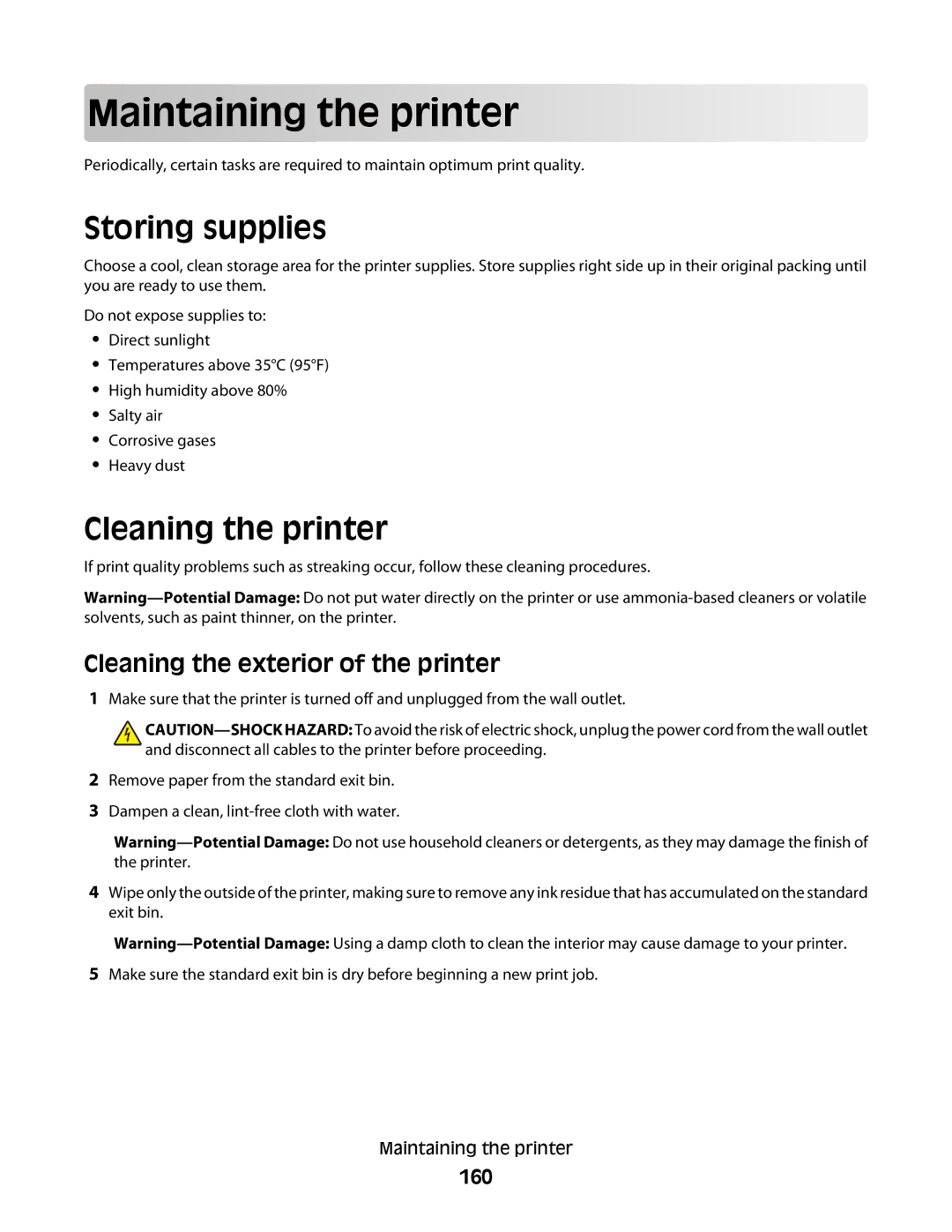 Lexmark 560n Main taining th e prin t er, Storing supplies, Cleaning the printer, Cleaning the exterior of the printer 