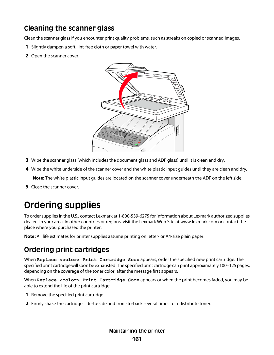 Lexmark 560n manual Ordering supplies, Cleaning the scanner glass, Ordering print cartridges, 161 