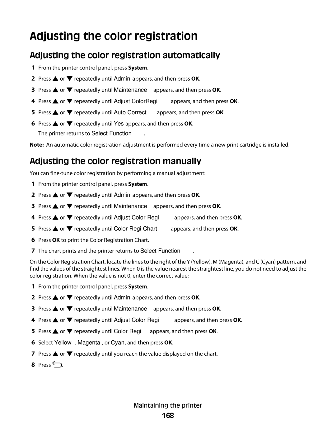 Lexmark 560n Adjusting the color registration automatically, Adjusting the color registration manually, 168 