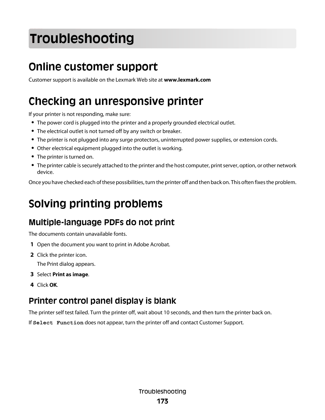 Lexmark 560n Troublesho oting, Online customer support Checking an unresponsive printer, Solving printing problems, 173 