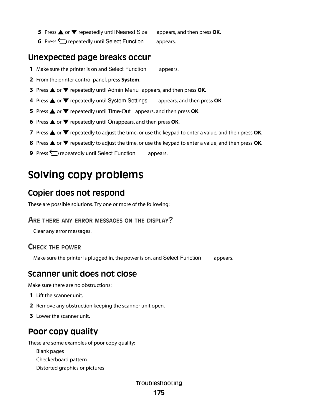 Lexmark 560n Solving copy problems, Unexpected page breaks occur, Copier does not respond, Scanner unit does not close 