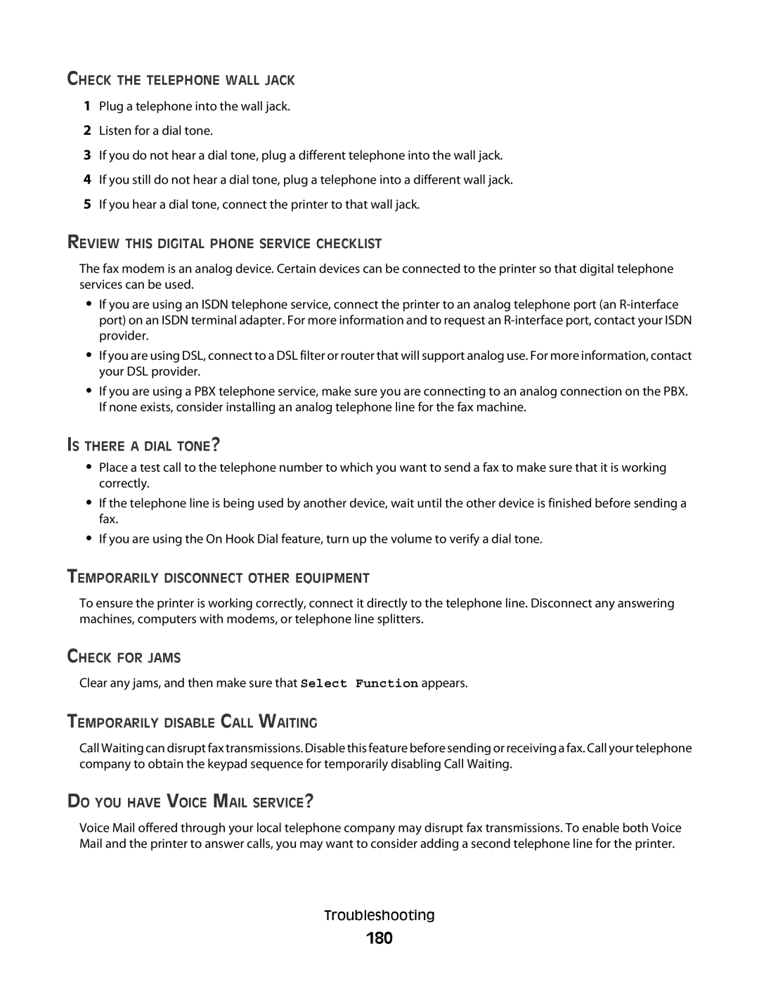 Lexmark 560n manual 180, Check the Telephone Wall Jack 
