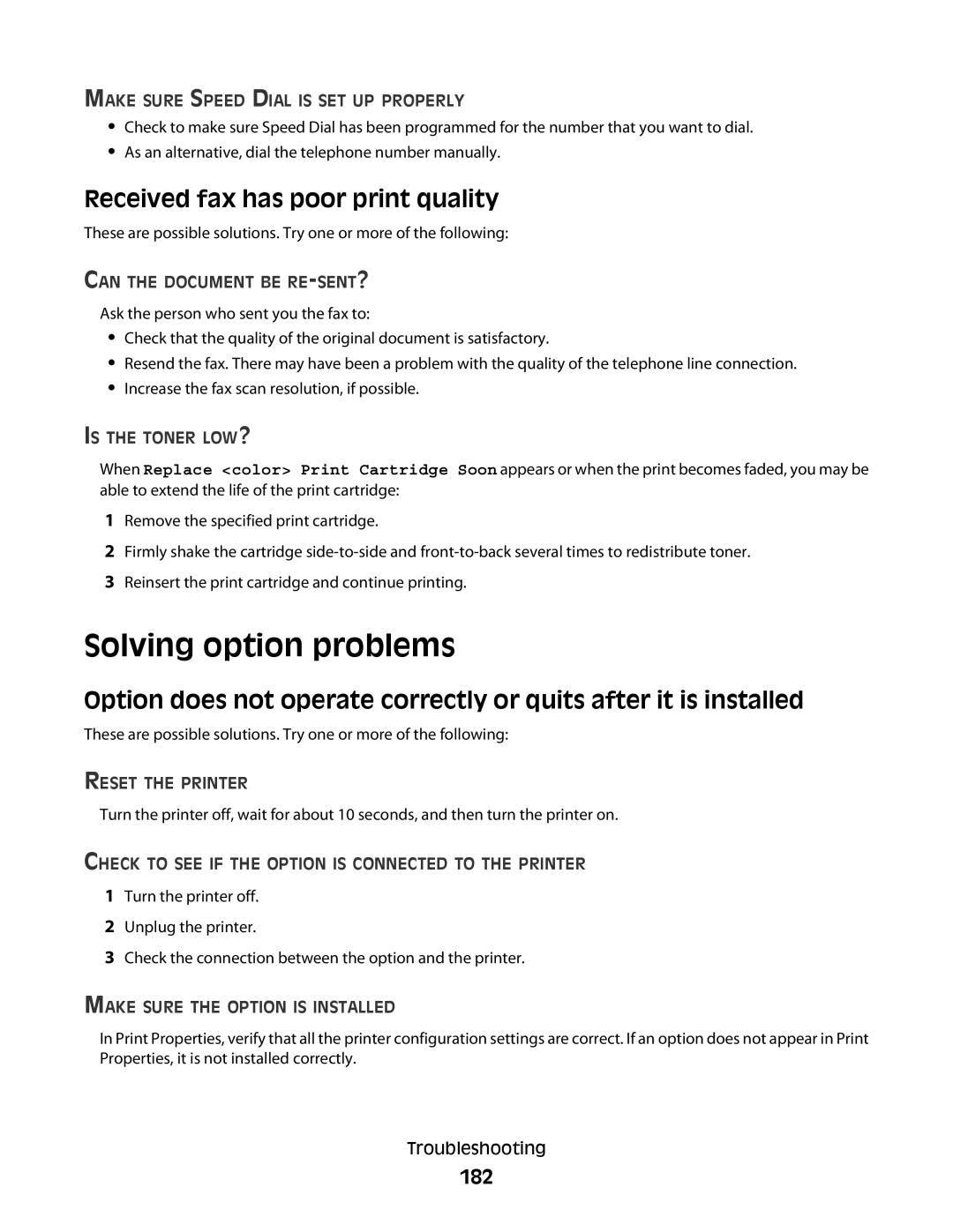 Lexmark 560n manual Solving option problems, Received fax has poor print quality, 182 