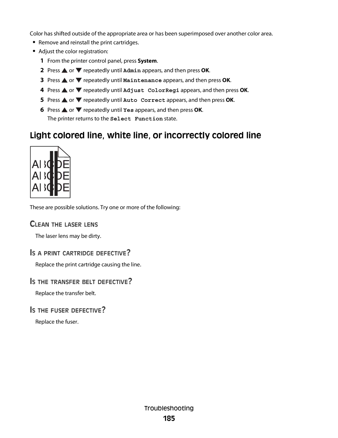 Lexmark 560n manual Light colored line, white line, or incorrectly colored line, 185 