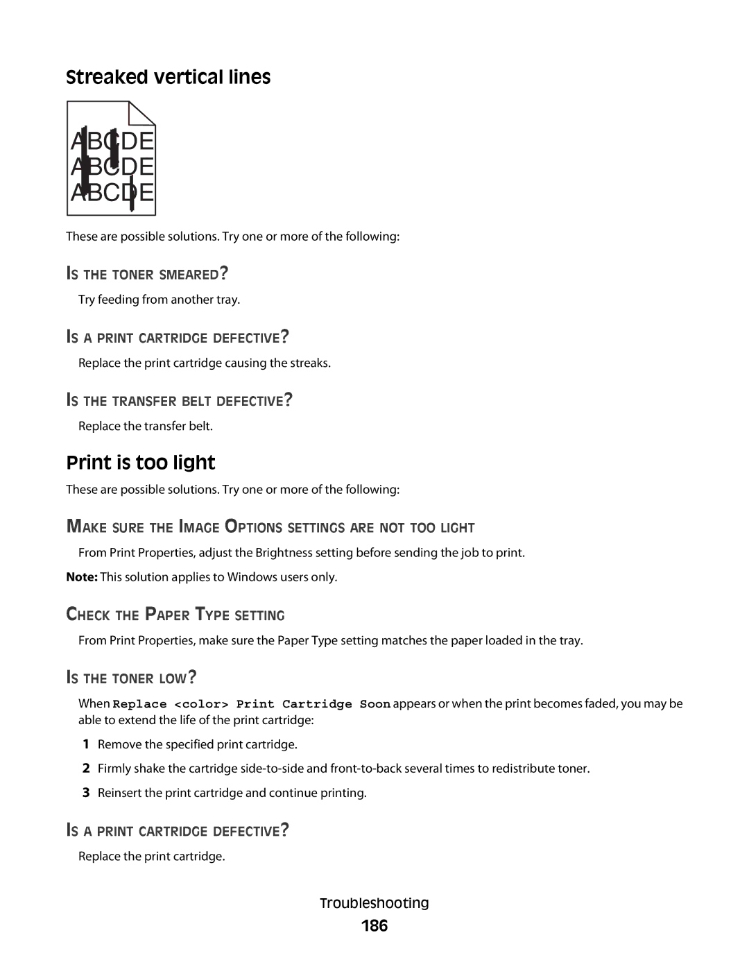 Lexmark 560n manual Streaked vertical lines, Print is too light, 186 