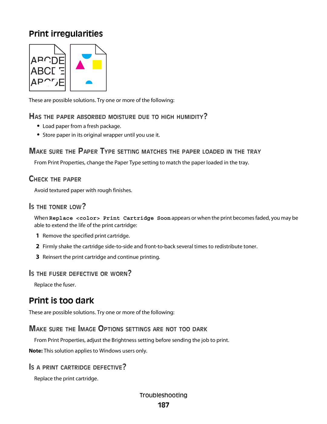 Lexmark 560n manual Print irregularities, Print is too dark, 187 