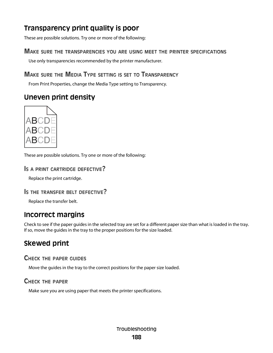 Lexmark 560n manual Transparency print quality is poor, Uneven print density, Incorrect margins, Skewed print, 188 