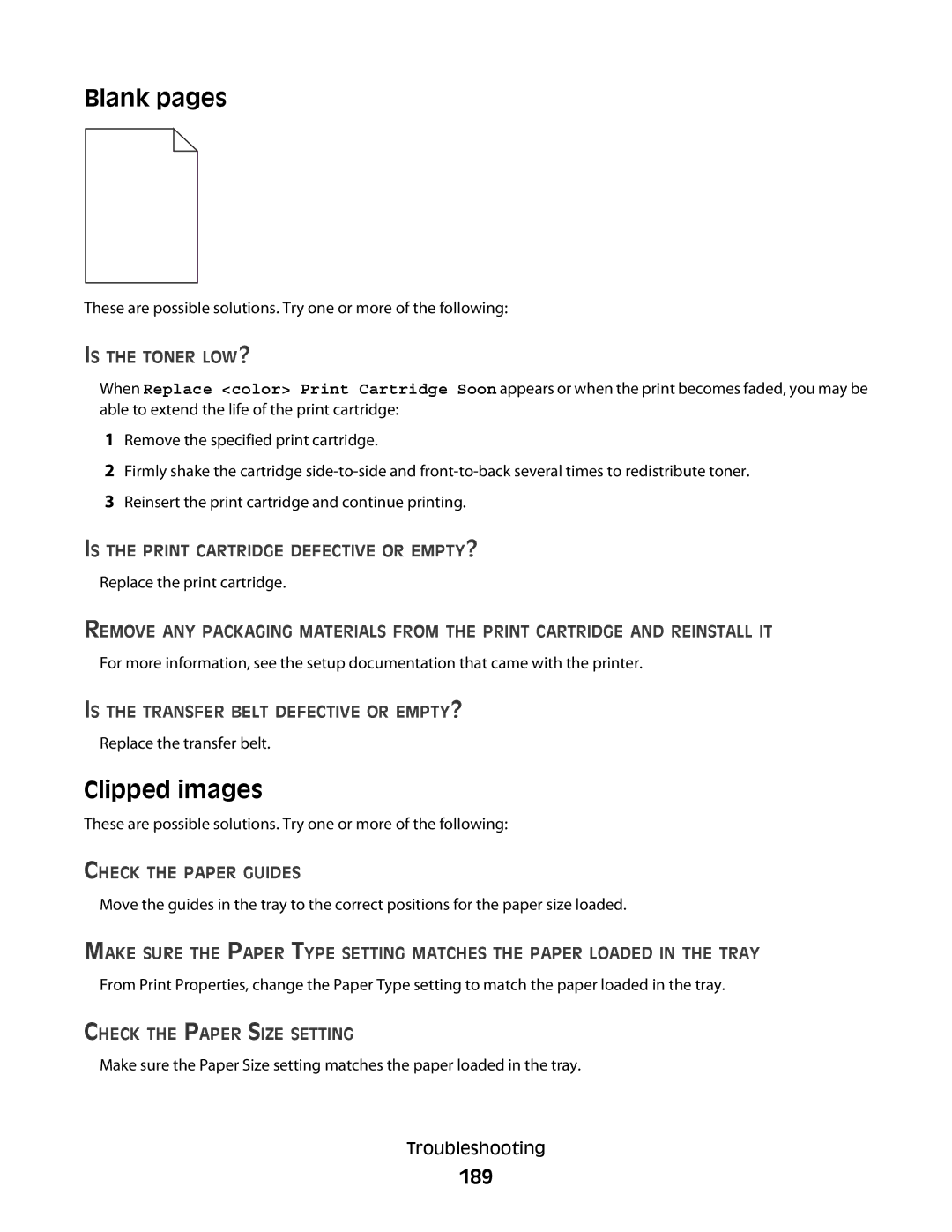 Lexmark 560n manual Blank pages, Clipped images, 189 