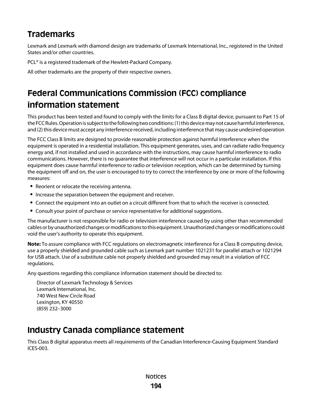 Lexmark 560n manual Trademarks, Industry Canada compliance statement, 194 