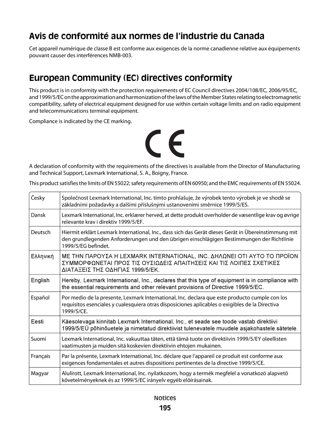 Lexmark 560n Avis de conformité aux normes de l’industrie du Canada, European Community EC directives conformity, 195 