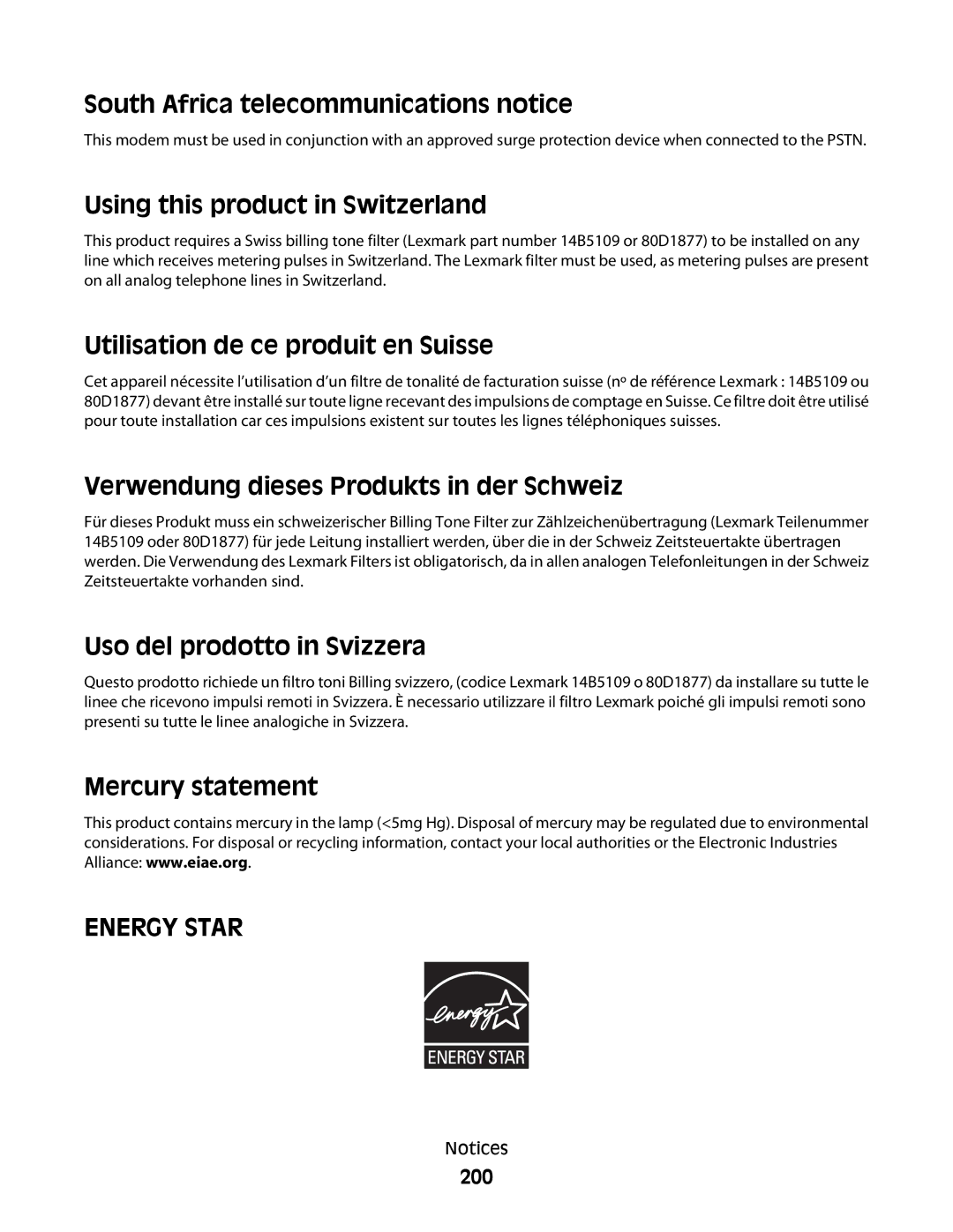 Lexmark 560n manual South Africa telecommunications notice, Using this product in Switzerland, Uso del prodotto in Svizzera 