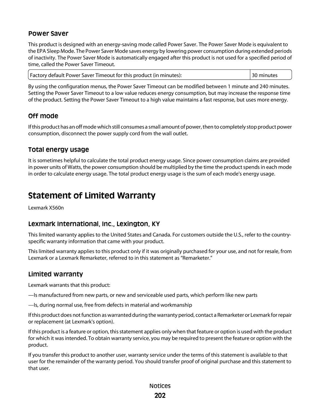 Lexmark 560n manual Statement of Limited Warranty, 202 