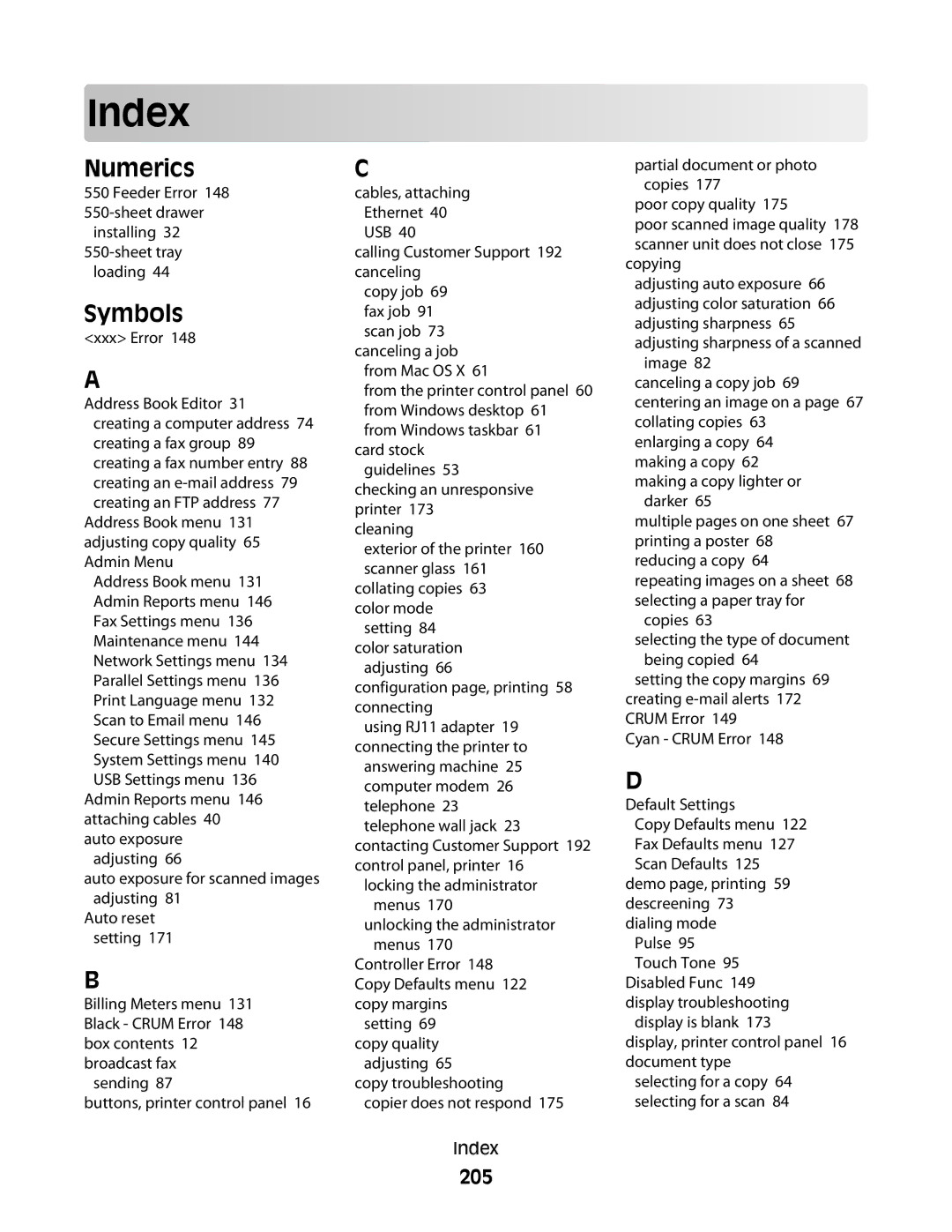 Lexmark 560n manual Index, Numerics, Symbols, 205 