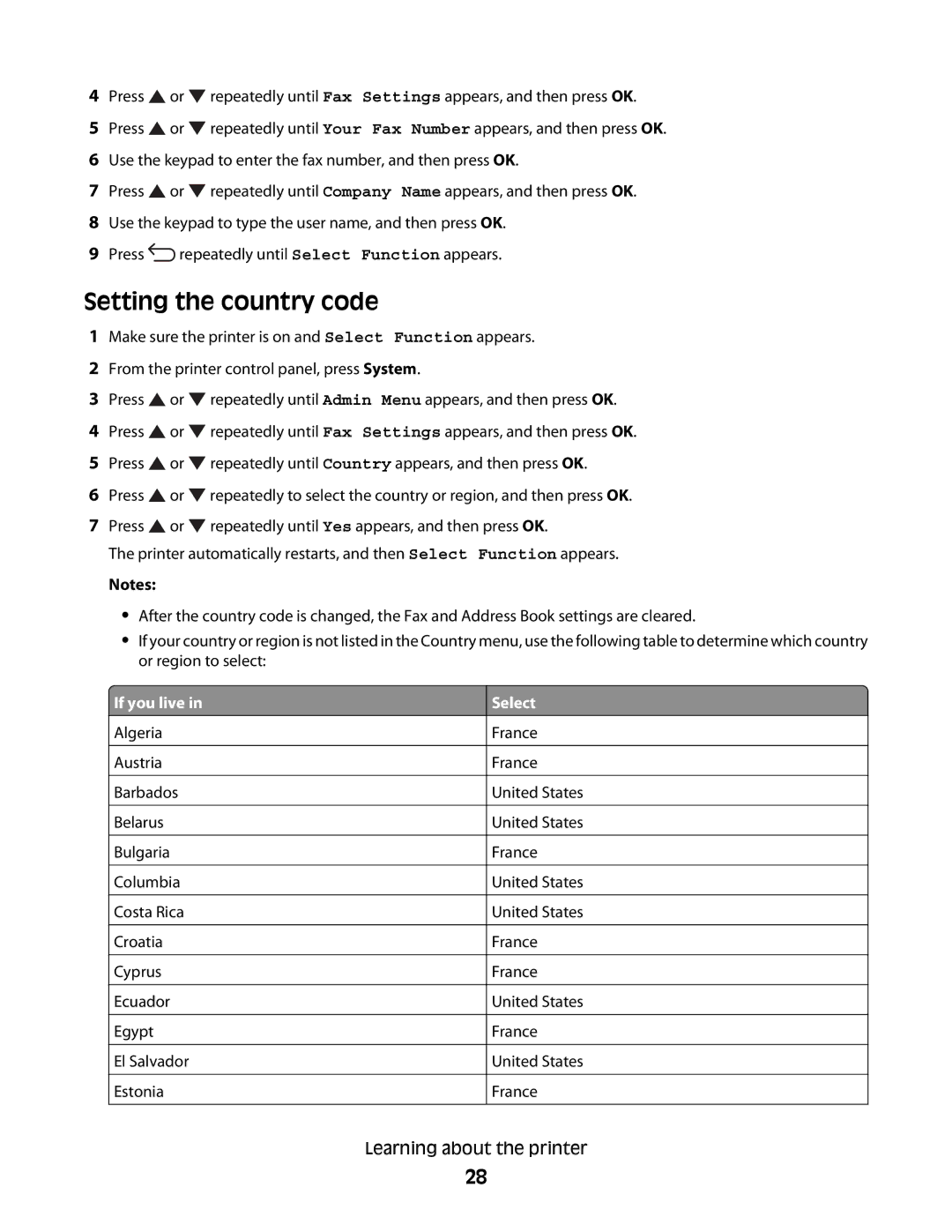 Lexmark 560n manual Setting the country code, If you live, Select 