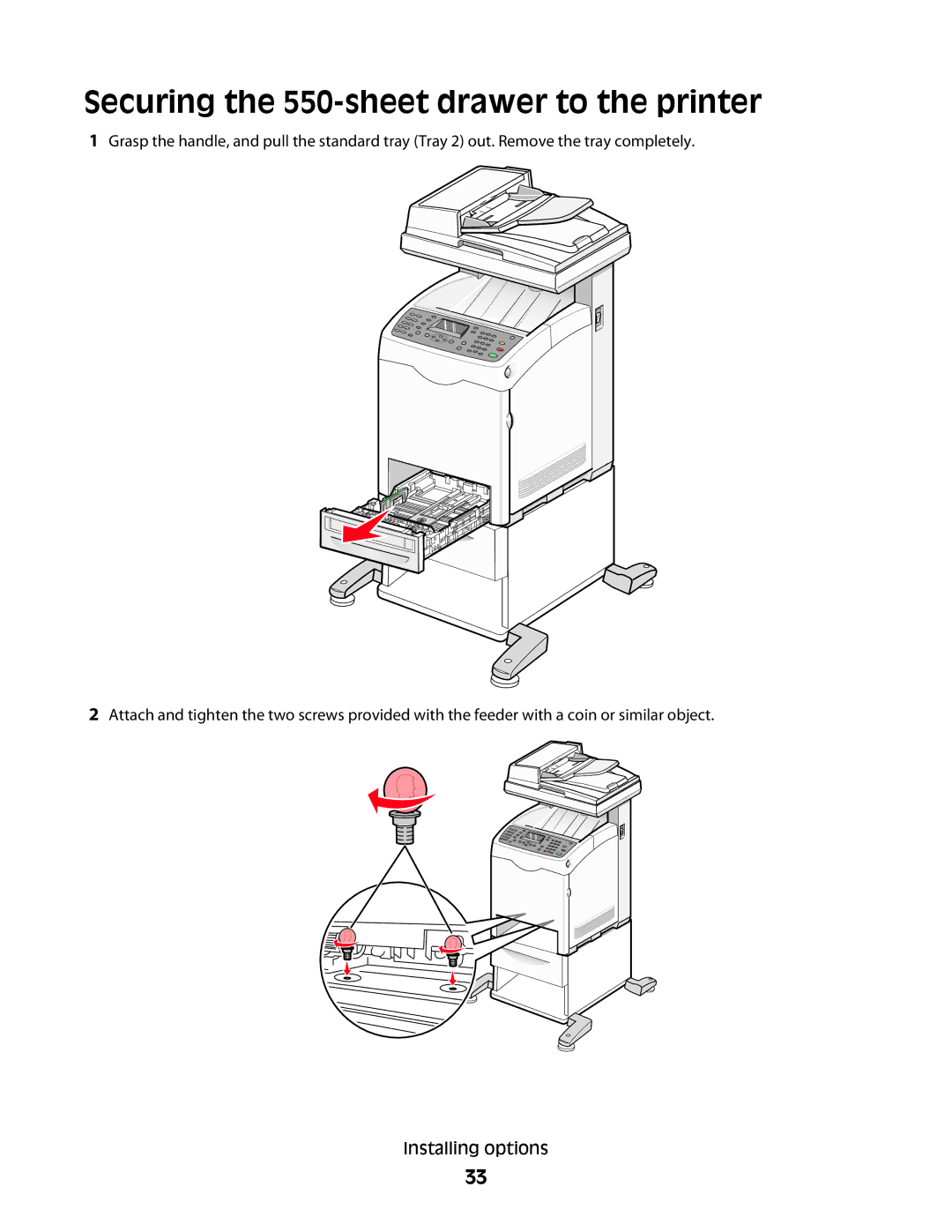 Lexmark 560n manual Securing the 550-sheet drawer to the printer 