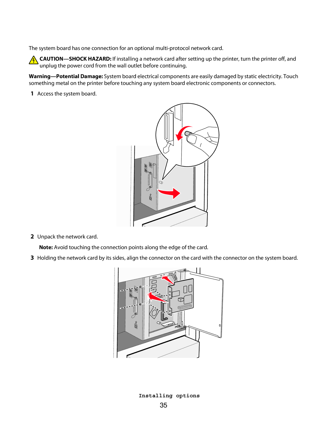 Lexmark 560n manual Installing a multi-protocol network card 