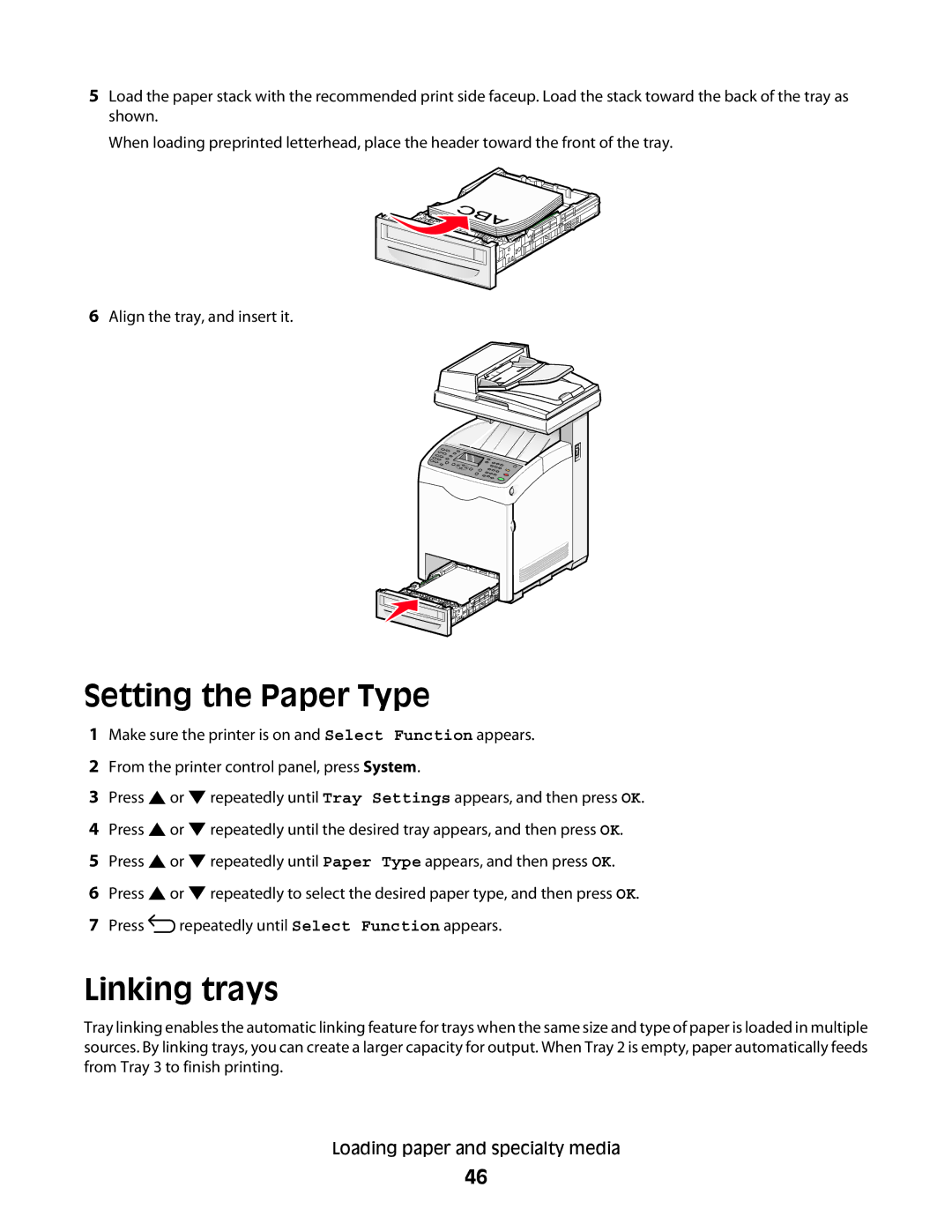 Lexmark 560n manual Setting the Paper Type, Linking trays 