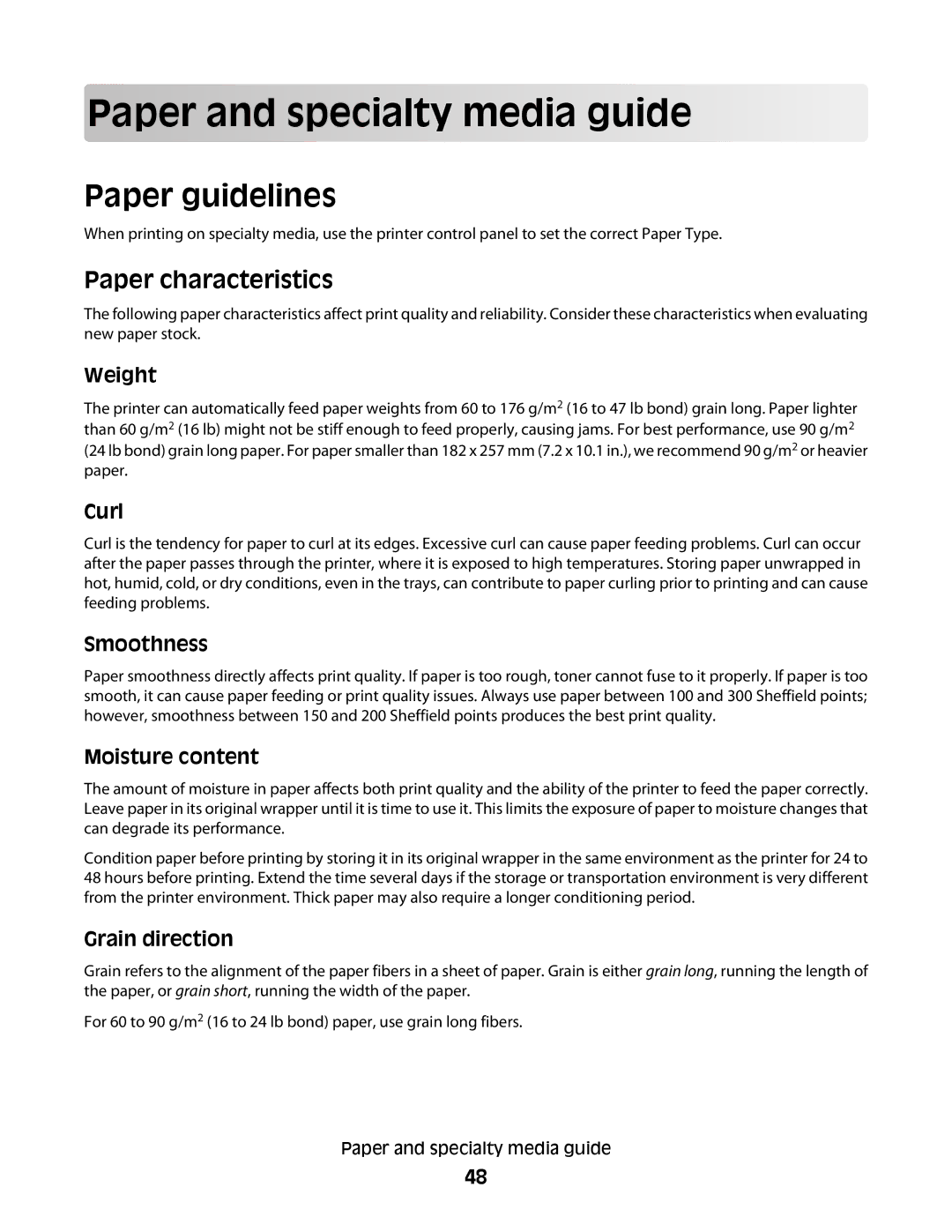 Lexmark 560n manual Pap er and specialty m edia g uide, Paper guidelines, Paper characteristics 